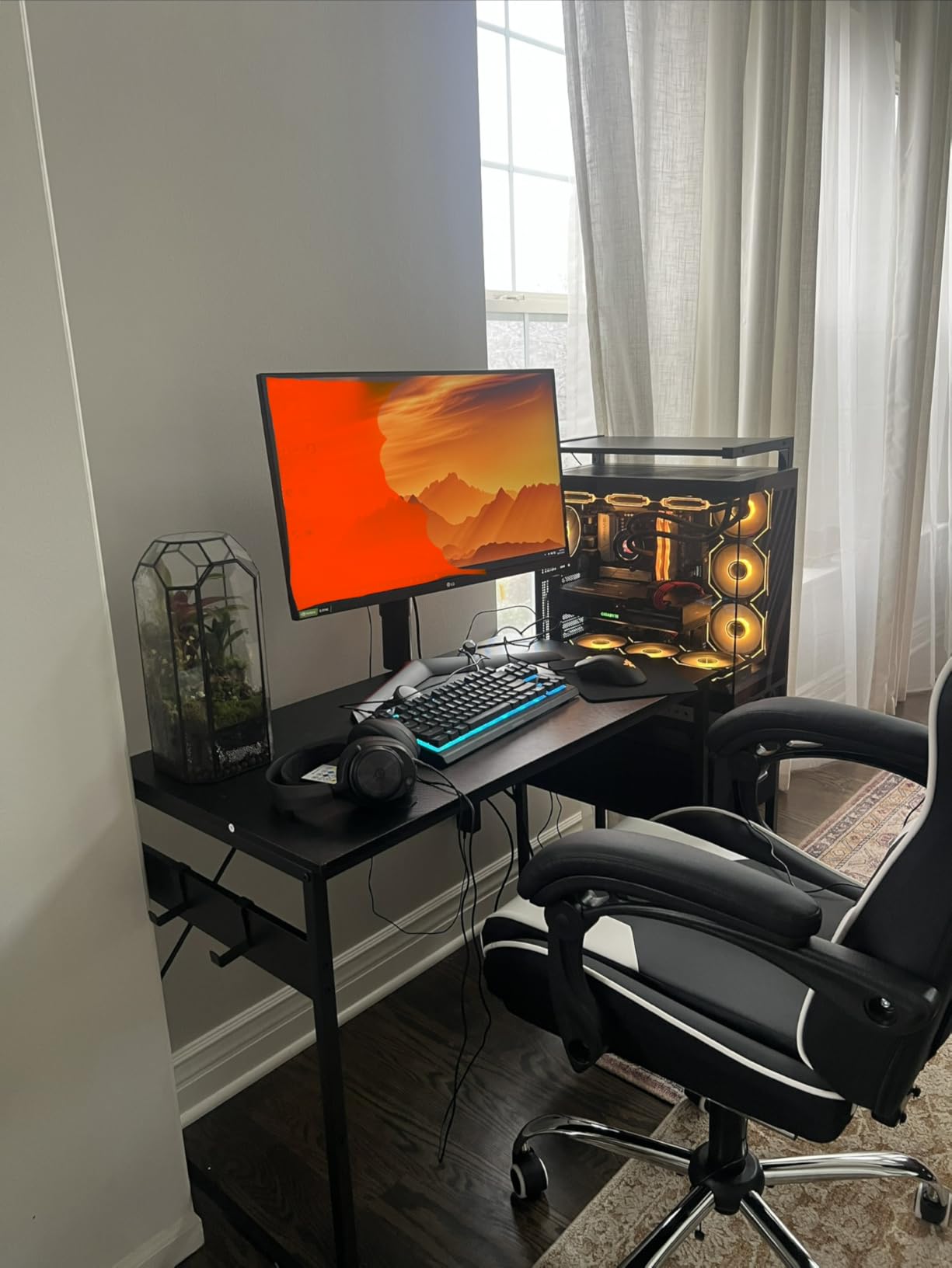 Casaottima 48 Inch Gaming Desk with Storage & LED Lights, Reversible Computer Desk with Display Shelves & Fabric Drawer, Modern Gamer Desk Table with Side Headphone Hook, Carbon Fiber Black customer photo 1