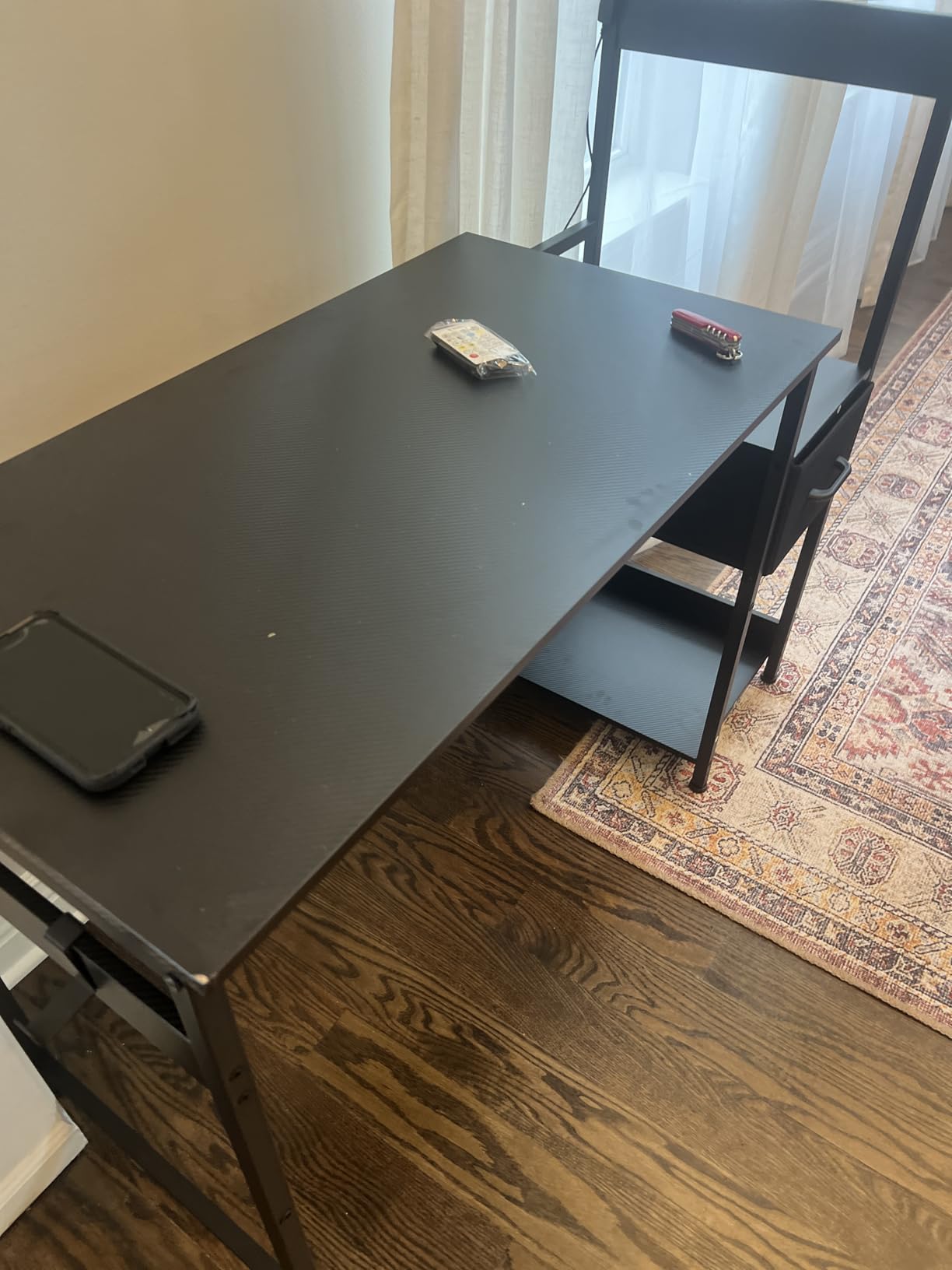 Casaottima 48 Inch Gaming Desk with Storage & LED Lights, Reversible Computer Desk with Display Shelves & Fabric Drawer, Modern Gamer Desk Table with Side Headphone Hook, Carbon Fiber Black customer photo 2