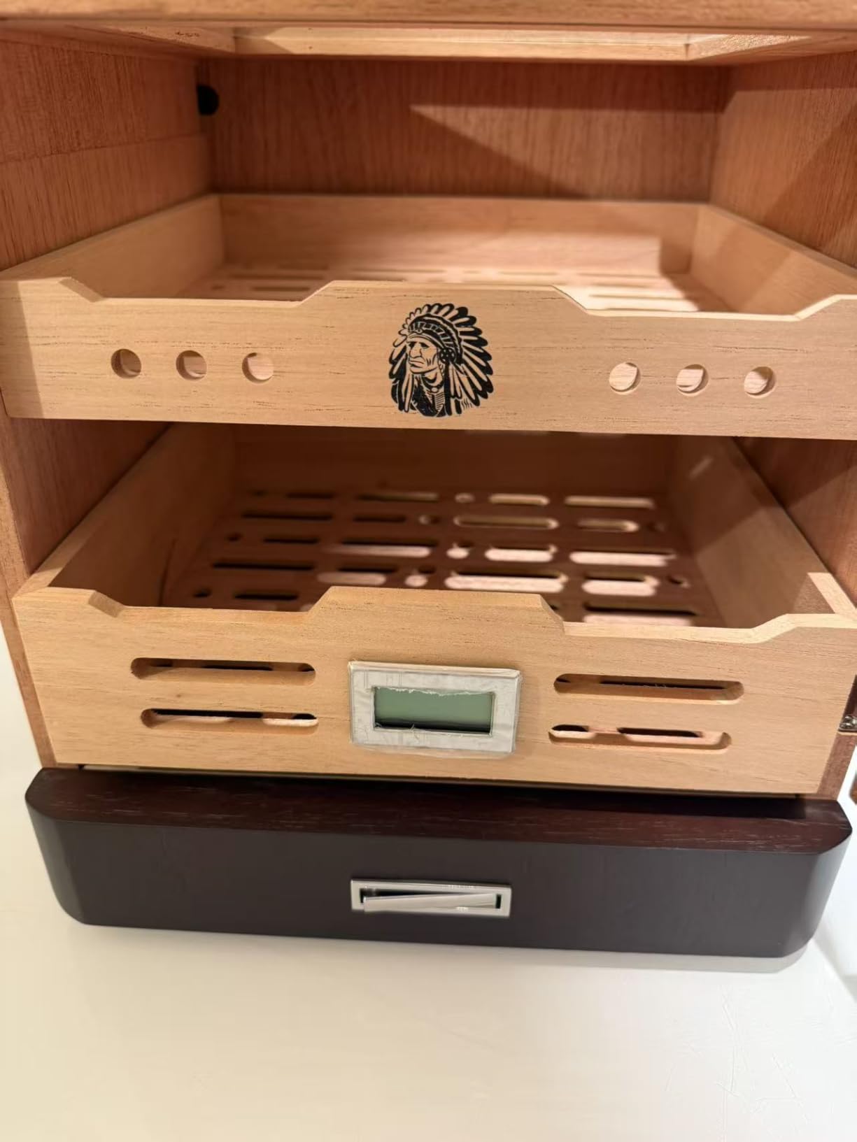 XIFEI Cigar Humidor Cabinet, Glass Top & Adjustable LED Lighting, Digital Hygrometer, 2 Humidifiers, Cigar Tube, Desktop Cedar Wood Humidor with Accessory Drawer for 80-100 Cigars, Ideal Men's Gift customer photo 1