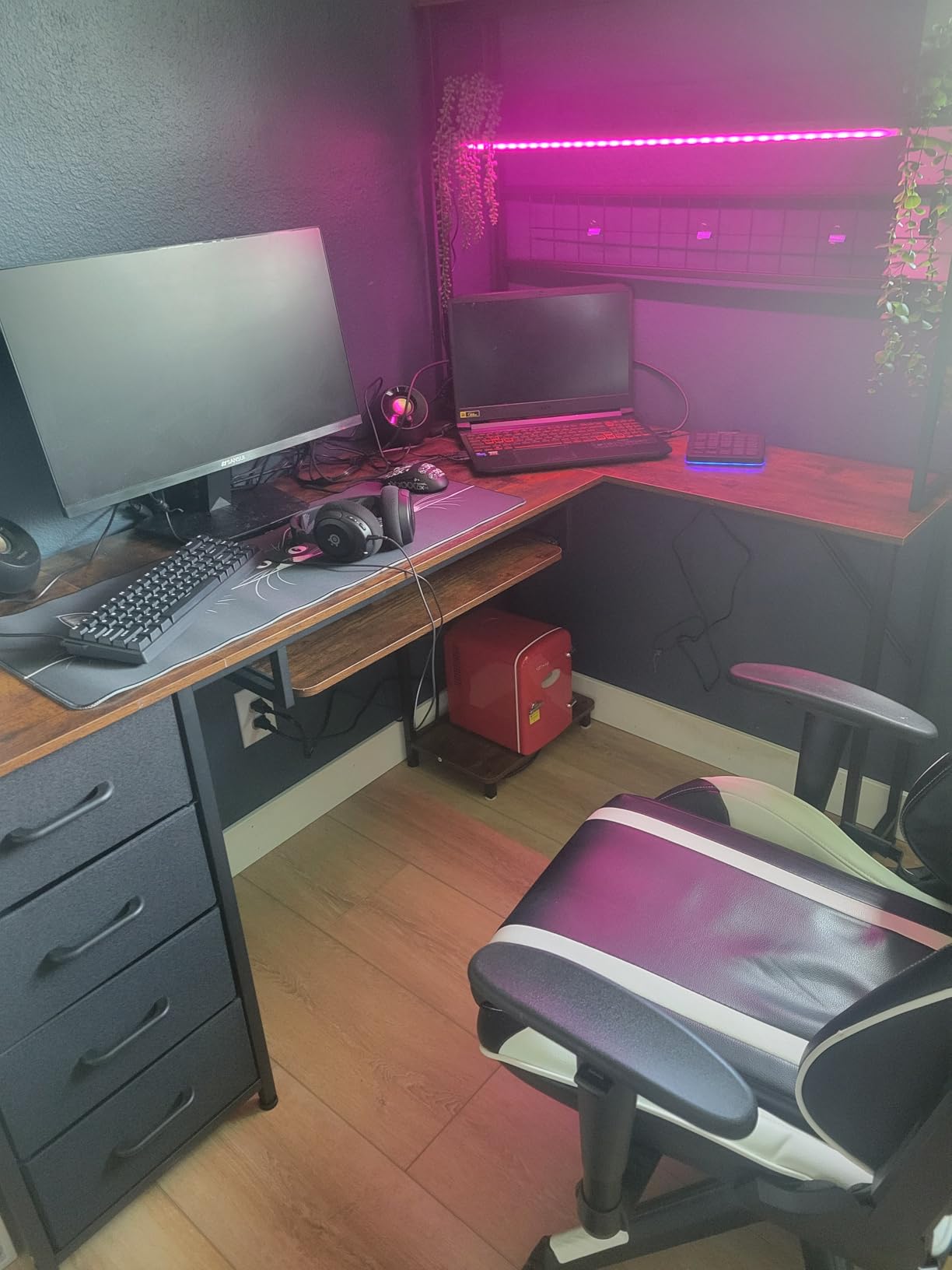 AODK 59 Inch L Shaped Desk with 4 Drawers, Gaming Desk with Led Lights & Power Outlets, Computer Desk with Pegboard & Keyboard Tray, Reversible Home Office Desk with Storage Shelves & CPU Stand, Black customer photo 1