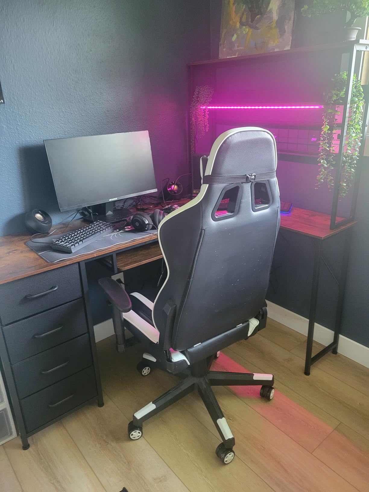 AODK 59 Inch L Shaped Desk with 4 Drawers, Gaming Desk with Led Lights & Power Outlets, Computer Desk with Pegboard & Keyboard Tray, Reversible Home Office Desk with Storage Shelves & CPU Stand, Black customer photo 2