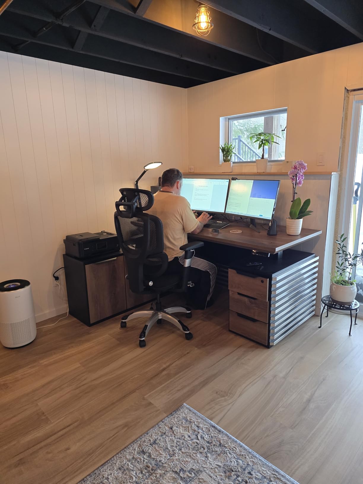 SAINTCY 70.87In L Shaped Executive Standing Desk with Drawers, Large Modern Adjustable Heigh Home Office Desk w/File Cabinet, AC/USB, Business Workstation, Black and Warm Oak customer photo 1