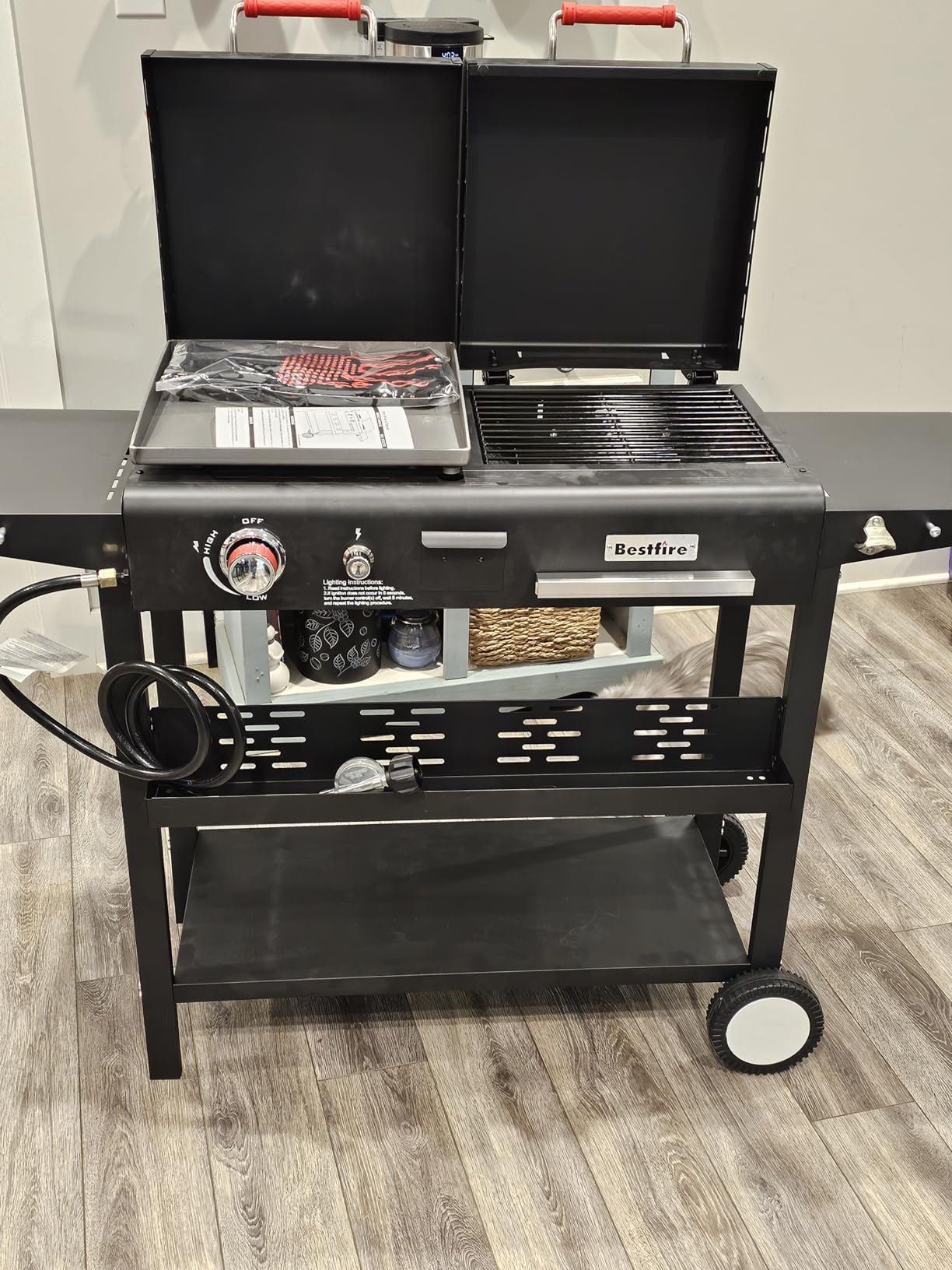 Propane Gas Griddle Charcoal Grill Combo Flat Top Griddle W/Dual Lids & 2 Side Shelves Dual Fuel BBQ Grill for Outdoor Barbecue customer photo 1