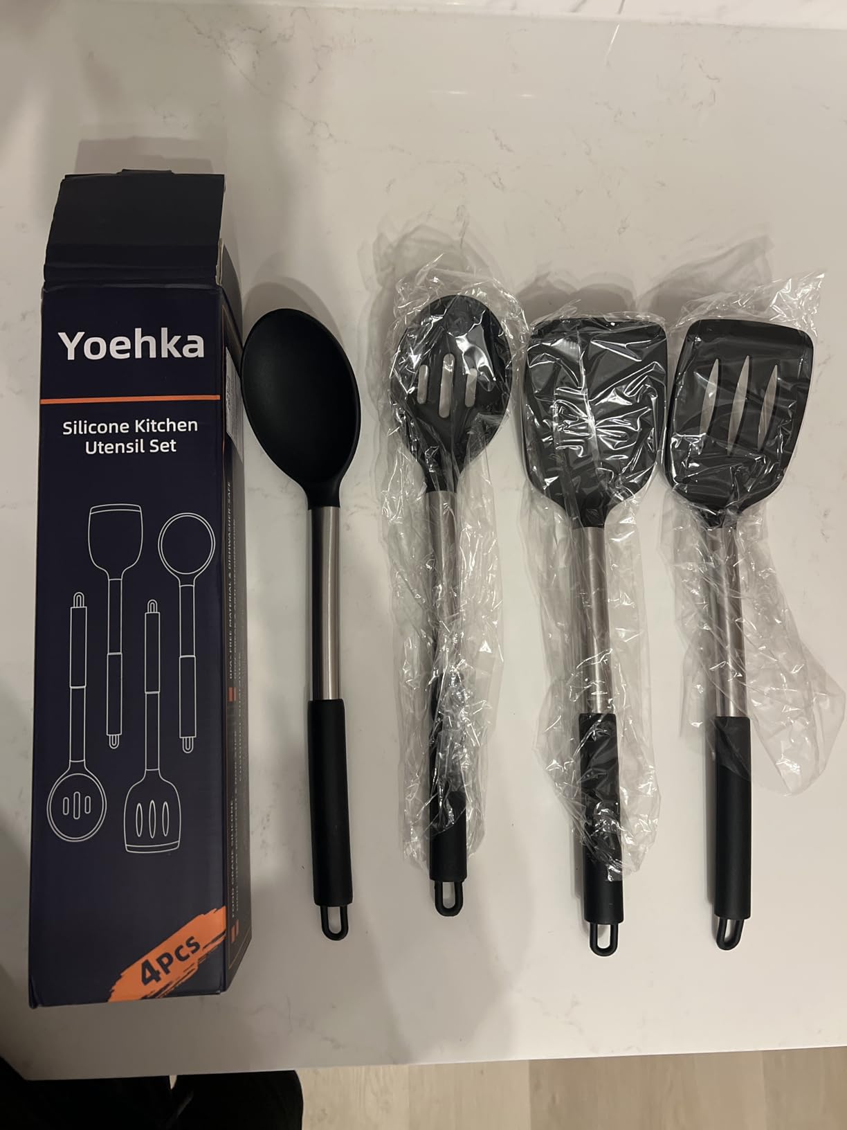 Yoehka Silicone Cooking Utensils Set for Nonstick Cookware, 4Pcs Heat Resistant Kitchen Silicone Spatula and Spoon Set with Stainless Steel Handle, Mixing, Flipping, Turning, Stirring, Black customer photo 1