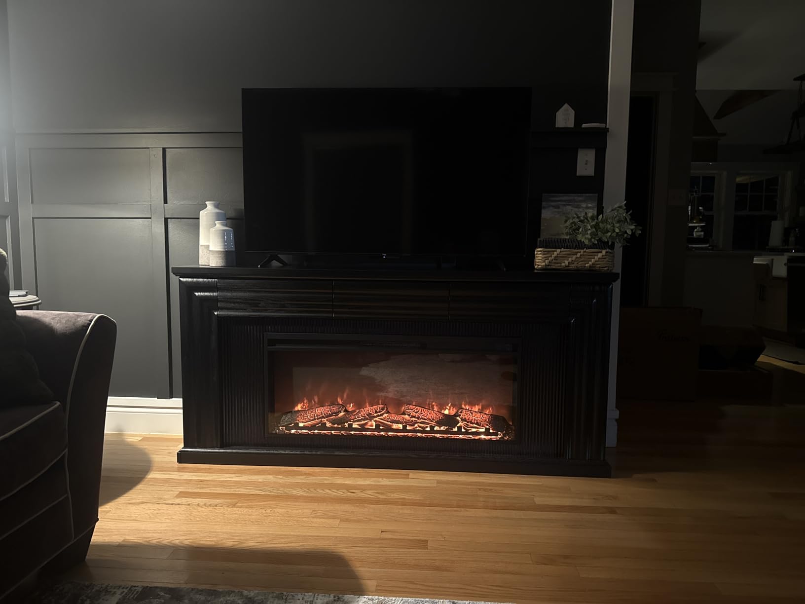 PRAISUN 70'' Fireplace TV Stand with 42'' Electric Fireplace, Farmhouse TV Stand for 65 75 Inch TV, Entertainment Center TV Console with 3 Drawers, Fluted Design, for Living Room, Distressed White customer photo 2