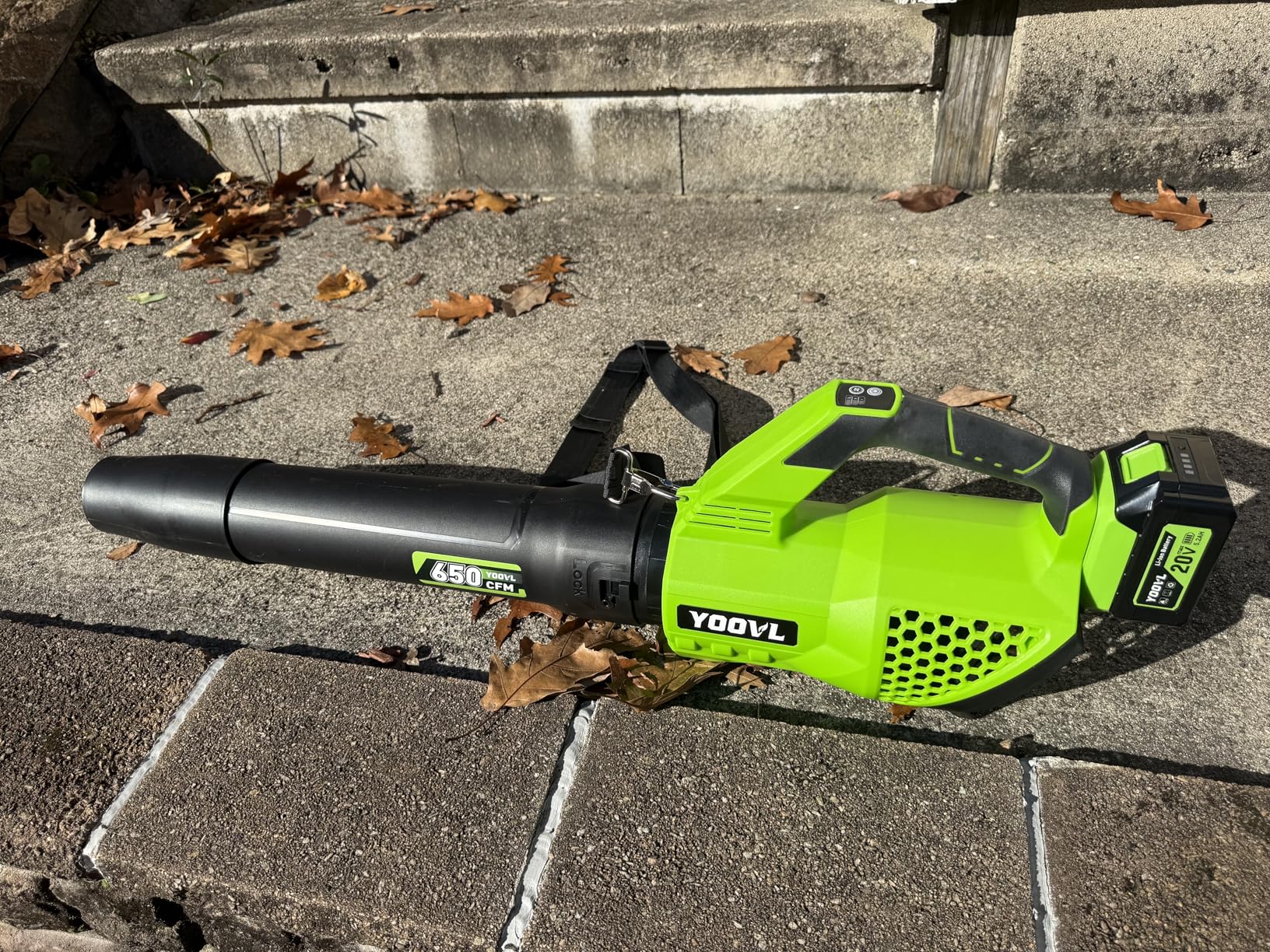 Leaf Blower Cordless, 650CFM Electric Leaf Blowers with 2 x 5.2Ah Batteries and Charger, 3 Speed Modes, 1 x Adjustable Shoulder Strap, Powerful Blowers for Lawn Care, Patio, Dust, Blowing Leaves customer photo 2