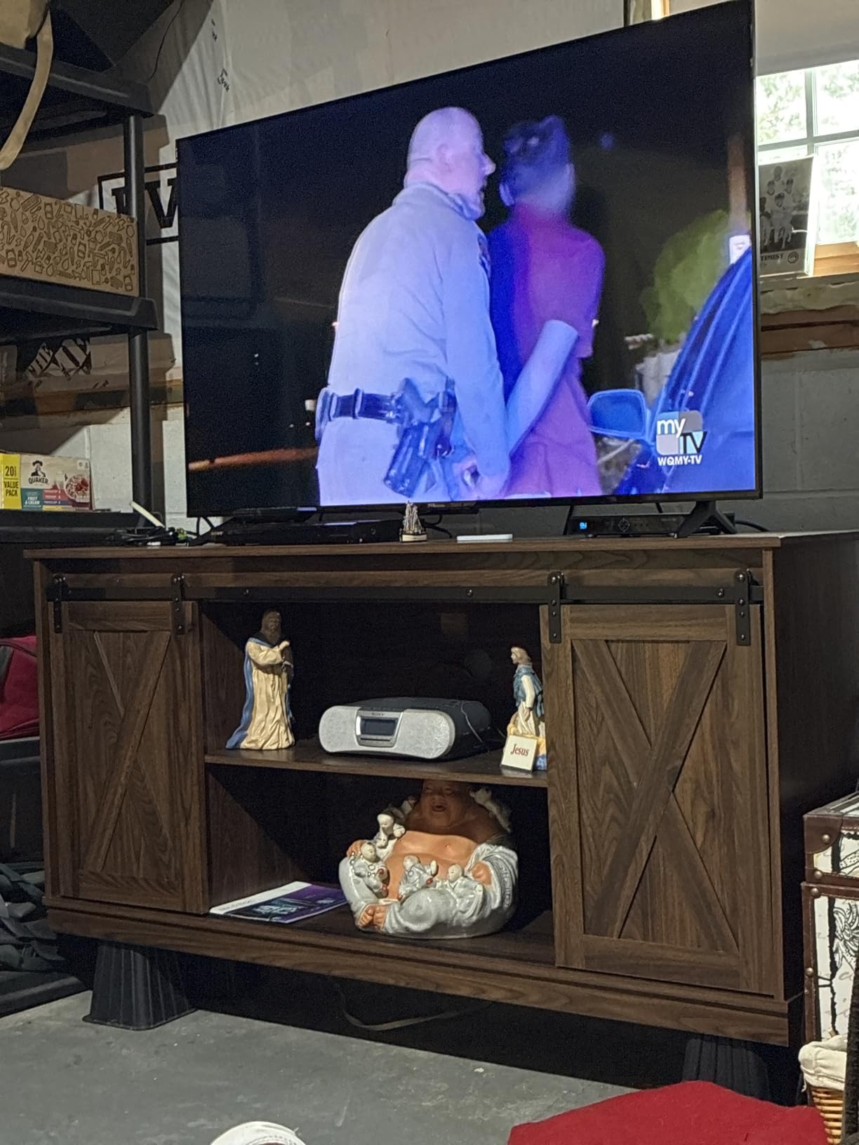 Sweetcrispy Farmhouse TV Stand 65 Inch for Living Room Bedroom Brown, Tall Entertainment Center with Storage Shelves, Media Console Cabinet with Wood Board, 300 LBS Capacity and Sliding Barn Door customer photo 1