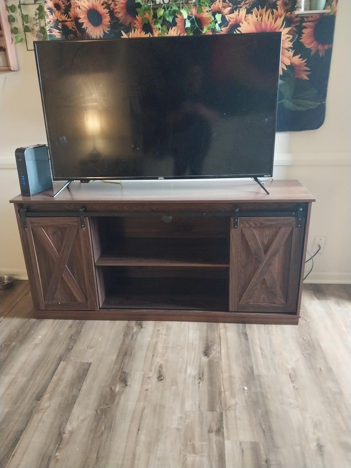 Sweetcrispy Farmhouse TV Stand 65 Inch for Living Room Bedroom Brown, Tall Entertainment Center with Storage Shelves, Media Console Cabinet with Wood Board, 300 LBS Capacity and Sliding Barn Door customer photo 2