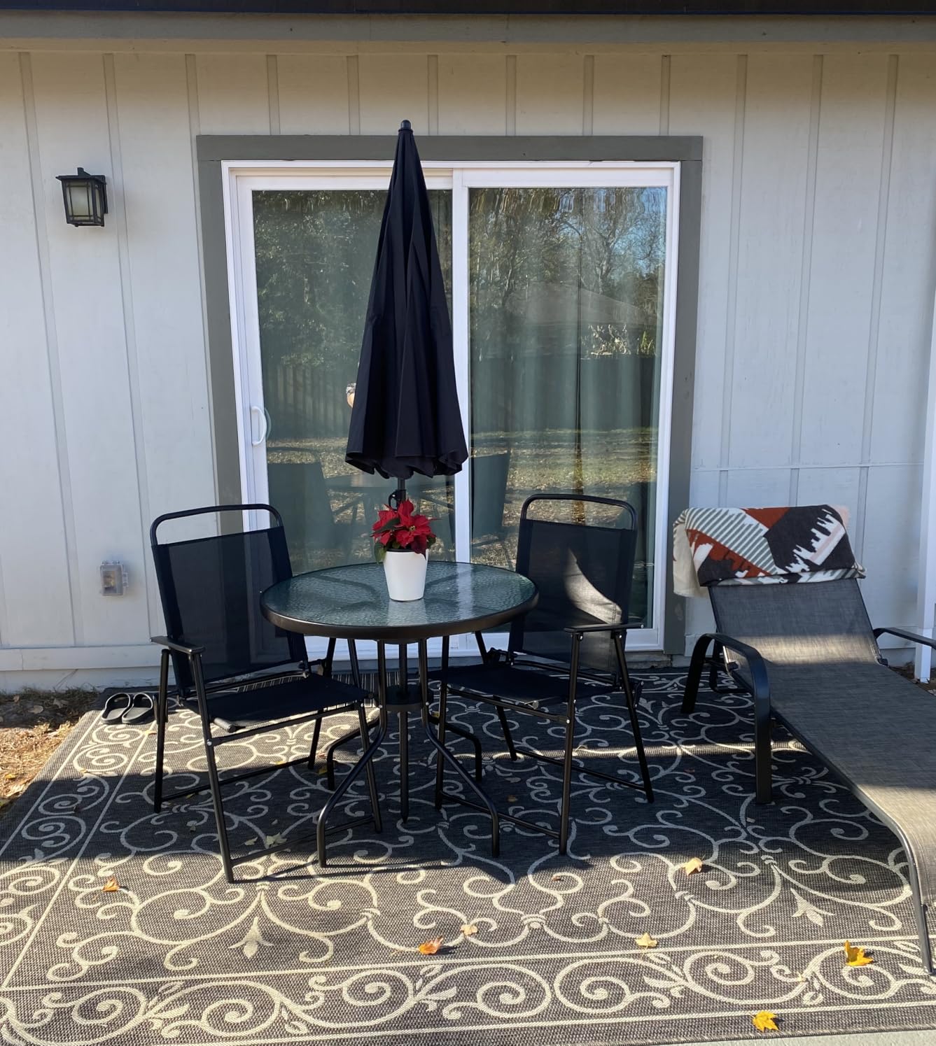 Vongrasig 6 Pieces Folding Patio Dining Set, All Weather Small Metal Outdoor Table and Chairs Set, Patio Furniture Set w/Umbrella, Glass Table & 4 Folding Chairs for Garden, Lawn, Backyard, Brown customer photo 2