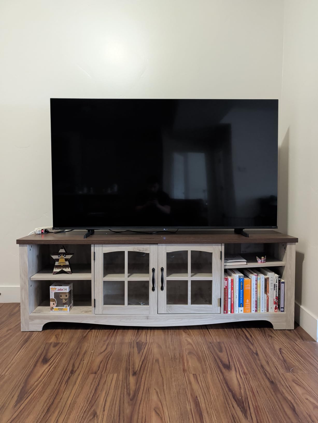 LINSY HOME TV Stand for 75 Inch TV, Modern Farmhouse Entertainment Center with Storage Cabinets and Glass Doors, Tall Media Console Table for Living Room, Bedroom, Large Long Television Stand, Brown customer photo 1