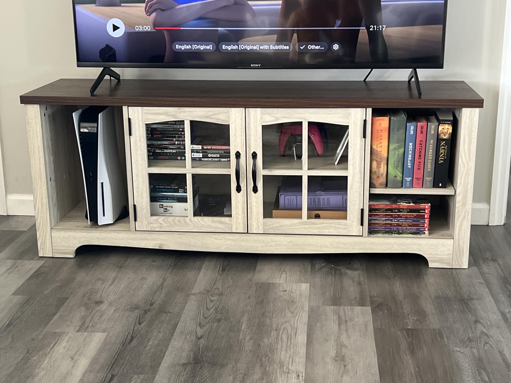 LINSY HOME TV Stand for 75 Inch TV, Modern Farmhouse Entertainment Center with Storage Cabinets and Glass Doors, Tall Media Console Table for Living Room, Bedroom, Large Long Television Stand, Brown customer photo 2