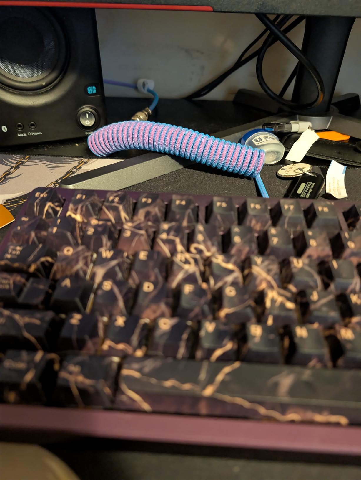 PWNAGE Ultra Custom Coiled Aviator USB C Cable for Gaming Keyboard, Double-Sleeved Mechanical Keyboard Cable with Detachable Metal Aviator, 1.8M USB-A to USB-C, Pink Color (White on White) customer photo 2