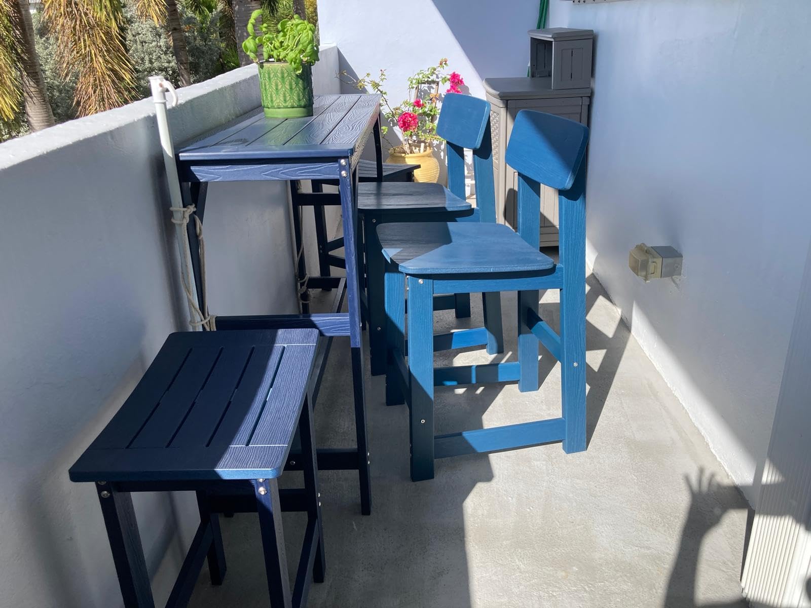 SERWALL Outdoor Bar Table and Chairs Set, 5-Piece HDPE Counter Height Patio Dining Sets with Storage and Wine Rack, Rectangular High Top Bar Table with 4 Bar Stools for Garden, Backyard, Black customer photo 1