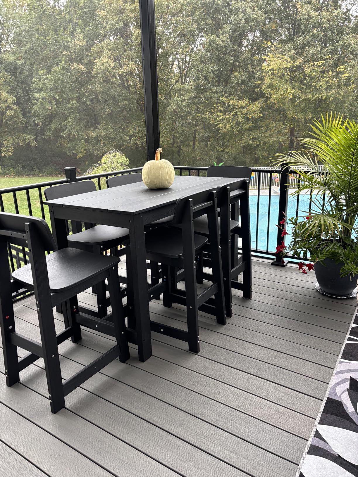 SERWALL Outdoor Bar Table and Chairs Set, 5-Piece HDPE Counter Height Patio Dining Sets with Storage and Wine Rack, Rectangular High Top Bar Table with 4 Bar Stools for Garden, Backyard, Black customer photo 2