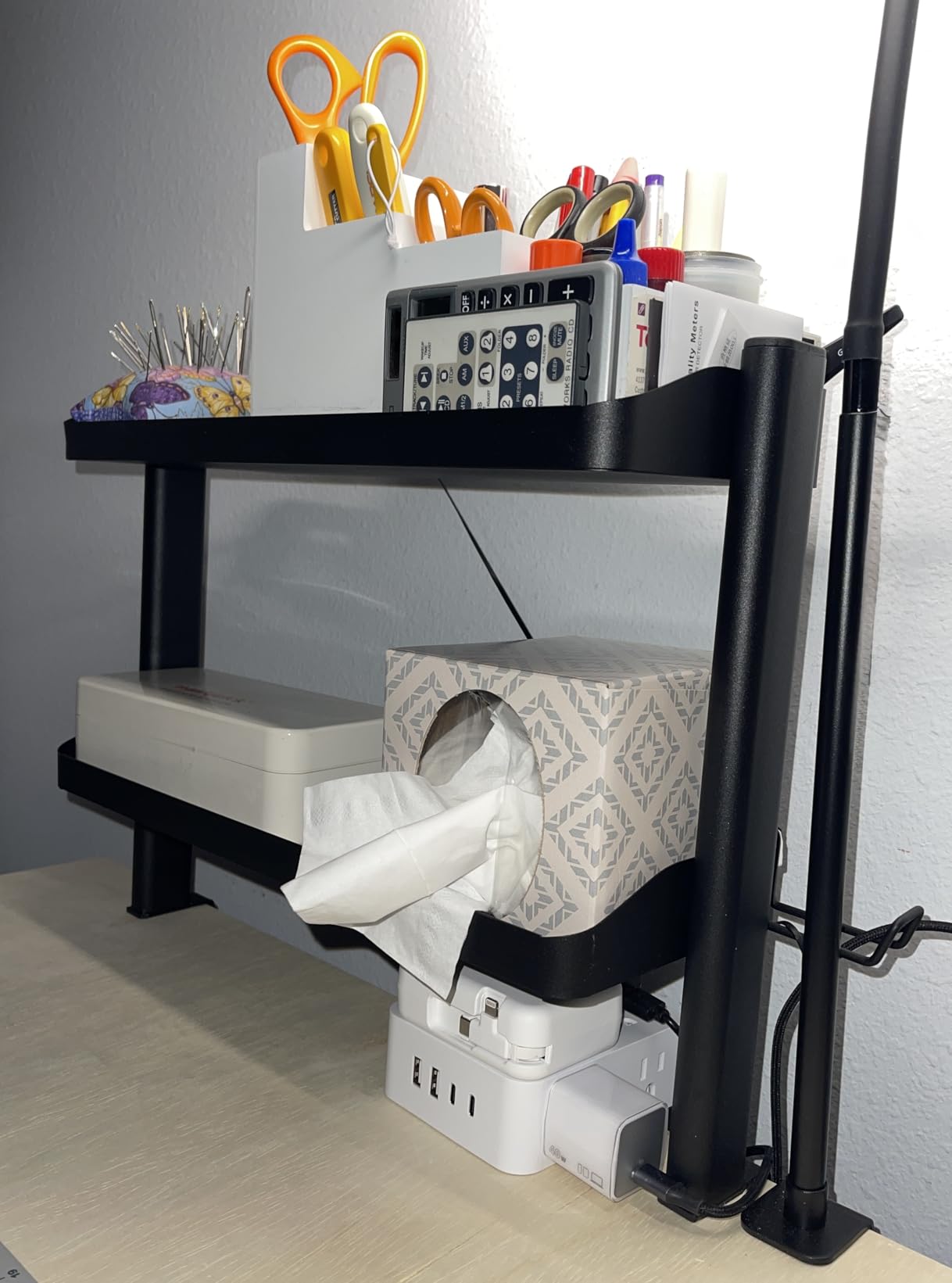 Clamp on Desk Shelf, 2-Tier Office Desk Shelves Organizer, 17in Small Shelf for Top of Desk with Headphone Holder and Hooks, Desktop Storage Rack for Home Workspace, Study Rooms, Gaming Accessories customer photo 1