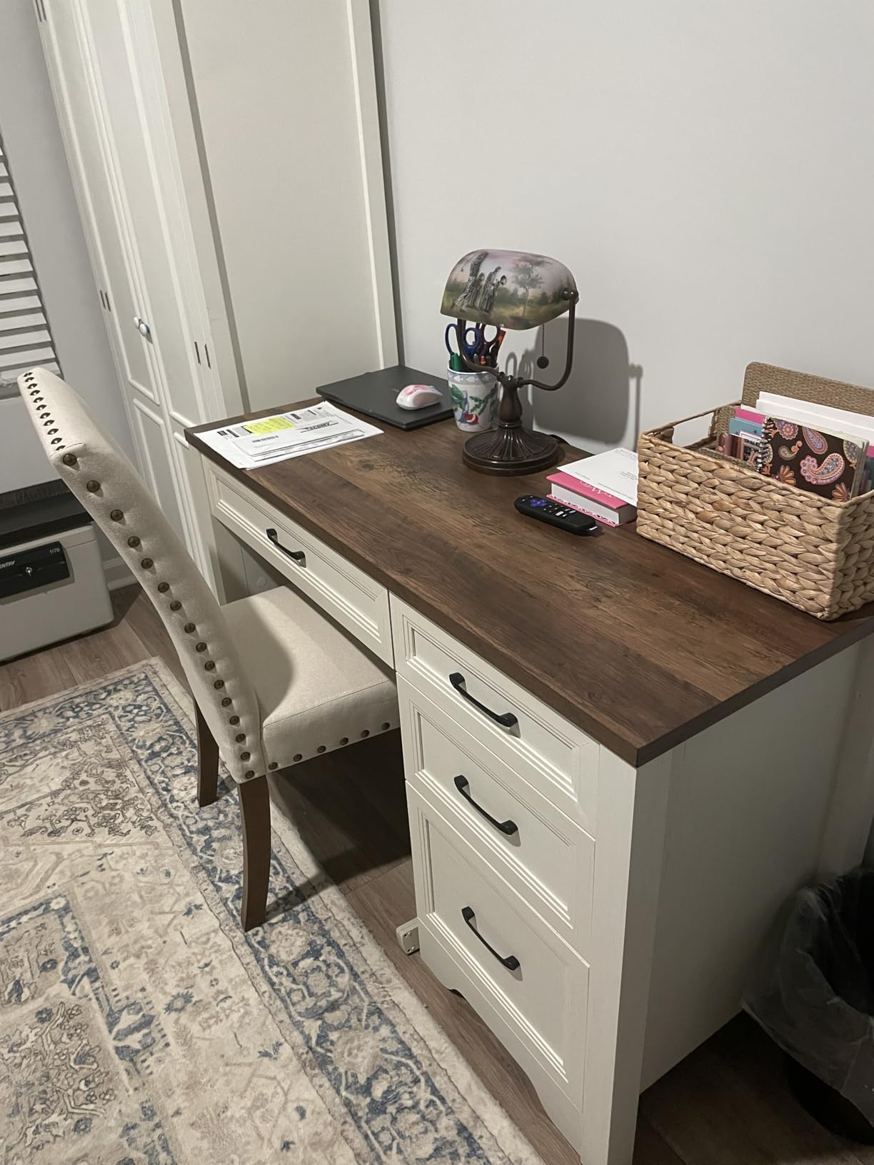 Vabches Wood L Shaped Executive Desk with 6 Drawers, Farmhouse Home Office Desk with Power Outlets and Triangle Under-Desk Storage Shelf & Drawer File Cabinet, Corner Computer Desk, Brown customer photo 1