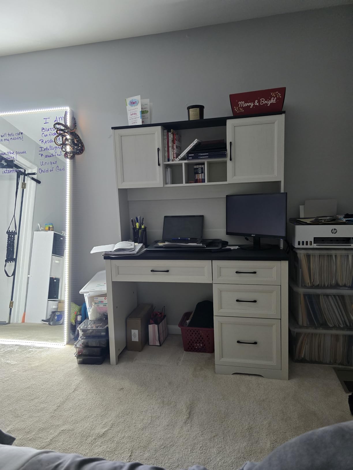 Vabches Wood L Shaped Executive Desk with 6 Drawers, Farmhouse Home Office Desk with Power Outlets and Triangle Under-Desk Storage Shelf & Drawer File Cabinet, Corner Computer Desk, Brown customer photo 2