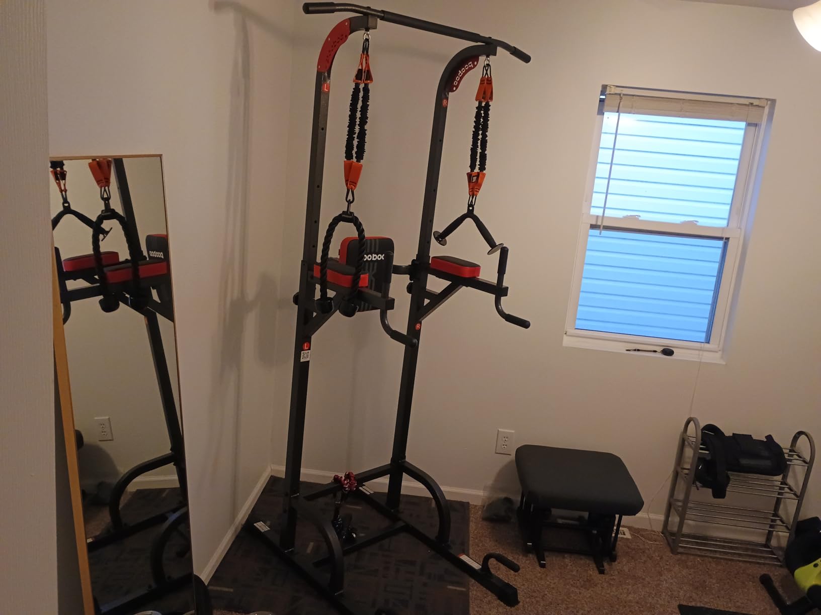 Pooboo Power Tower Dip Station Pull Up Bar for Fitness Home Gym Workout,450 Pounds Multi-Function Adjustable Height Fitness Strength Training Exercise Equipment,with Power Elastic Ropes customer photo 1