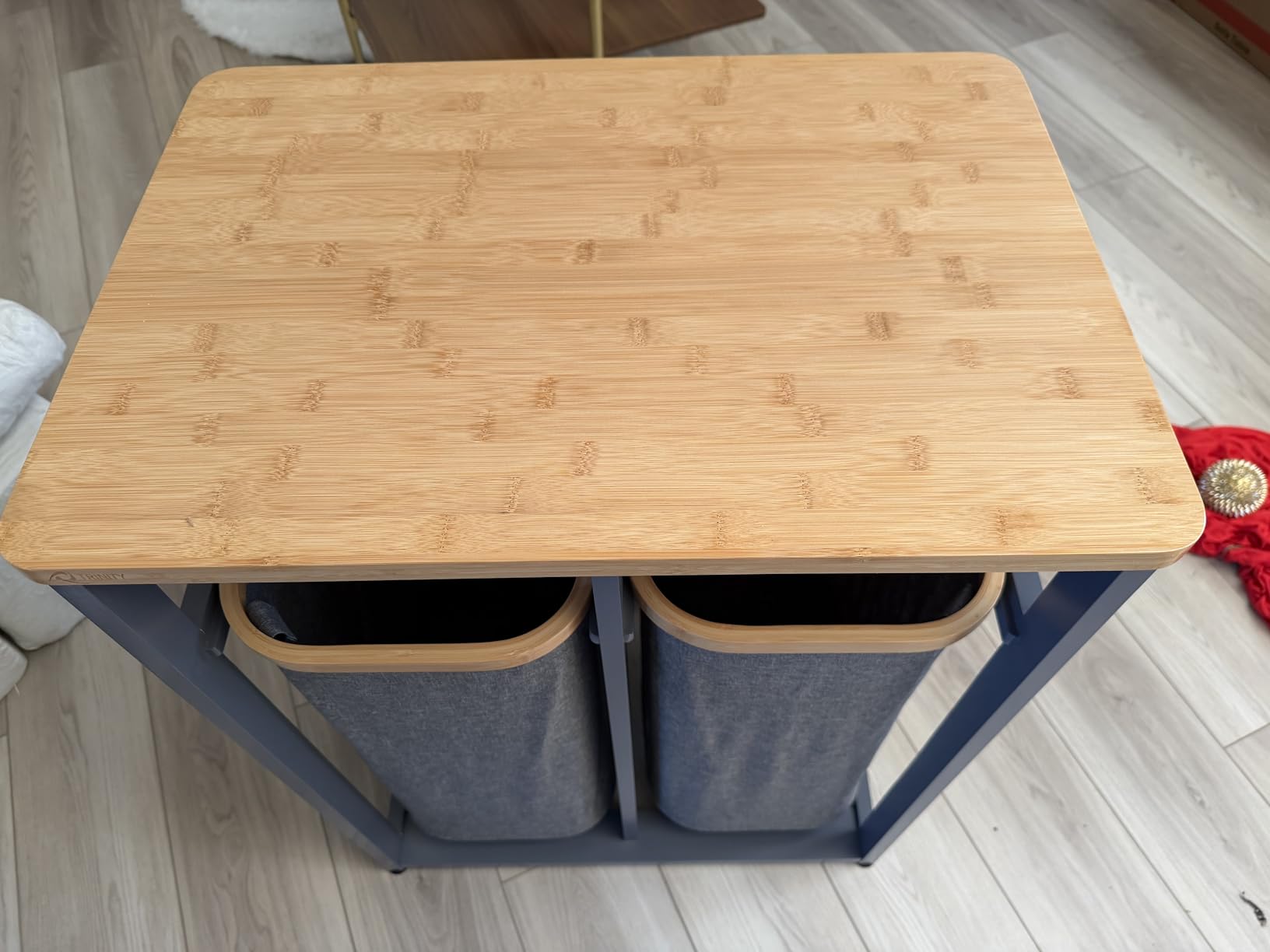 TRINITY EcoStorage Bamboo Wood Laundry Organizer Station with Folding Shelf and 2 Pull-Out Removeable Hamper Bags, White customer photo 1