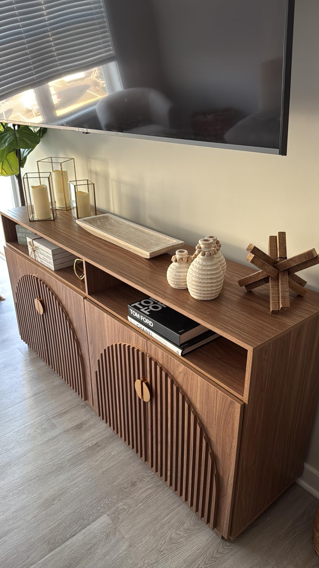 BELLEZE 6-Piece Modular TV Stand, Entertainment Center with Double-Arc Wood Door and Storage Hutch Cabinets, Classic Modern Media Console Table for Living Room Dining Room (Camel) customer photo 2
