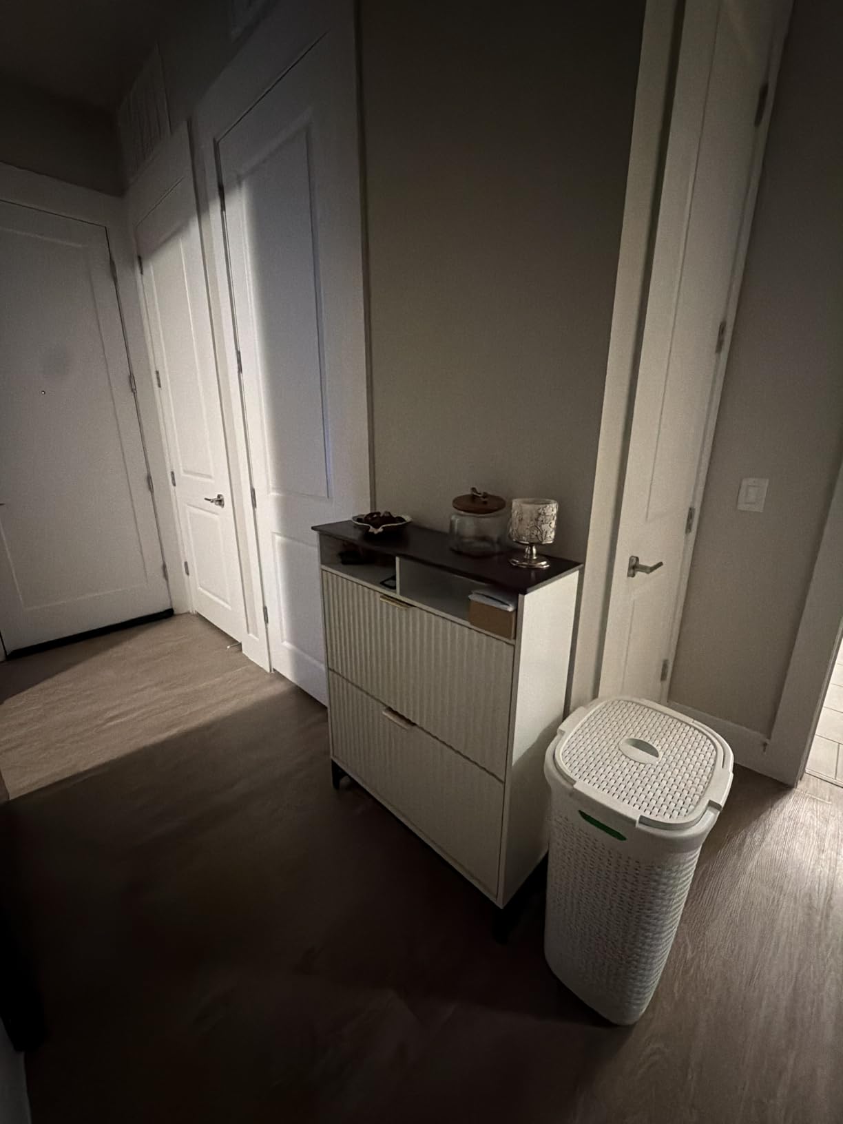 Fluted Shoe Storage Cabinet with 4 Flip Drawers, Narrow Freestanding Slim Shoe Organizer Cabinet for Entryway, Hidden Shoe Rack with Open Storage Space & LED Light for Hallway or Foyer customer photo 2