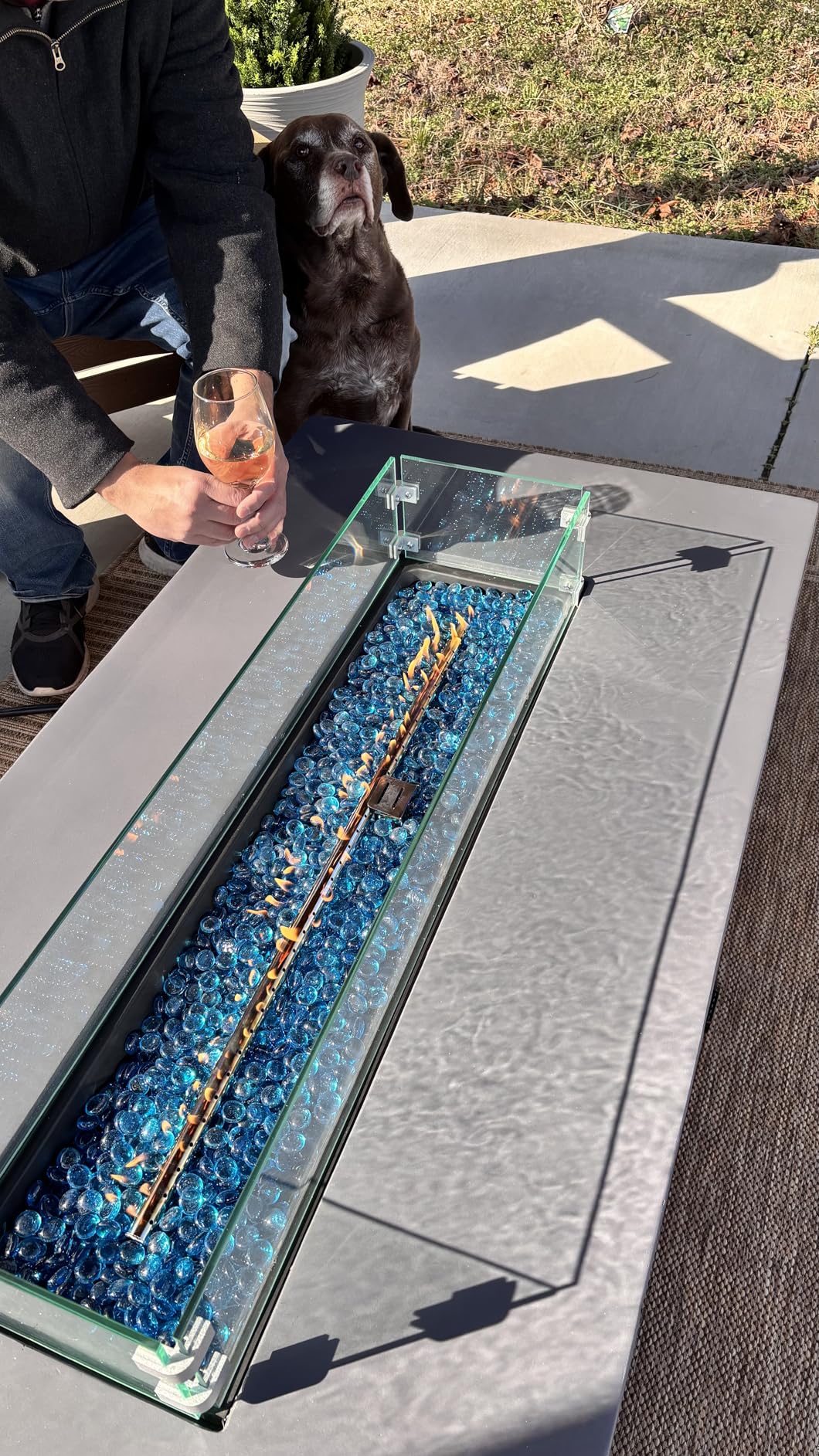 UPHA 56-inch Outdoor Propane Gas Fire Pit Table 50000 BTU Concrete Rectangle FirePit for Outside Patio with Propane Tank Cover, Wind Guard, Blue Glass Rocks, Rain Cover, Grey customer photo 2