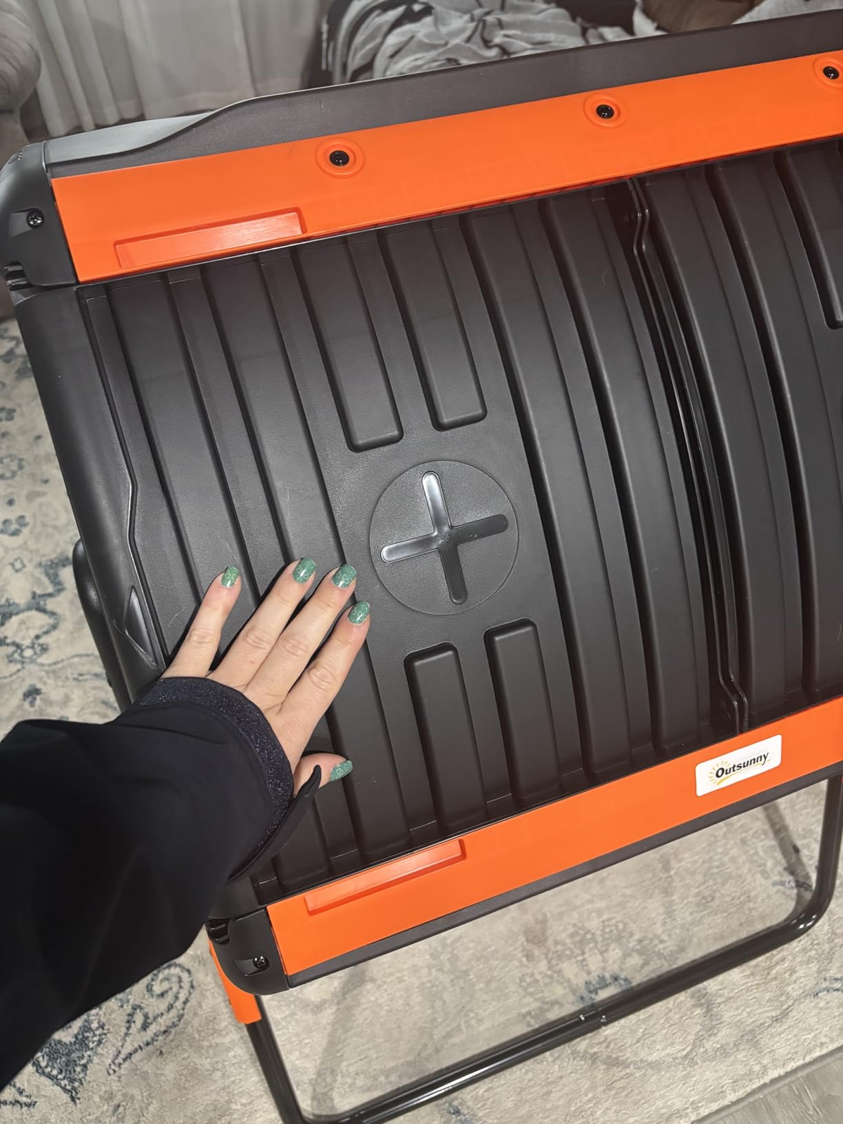 Outsunny Compost Bin Outdoor, 53 Gal Dual Chamber Compost Tumbler with 8 Adjustable Vents, BPA Free Rotating Tumbling Composter with 2 Sliding Doors and Metal Frame for Kitchen, Garden, Yard, Green customer photo 2