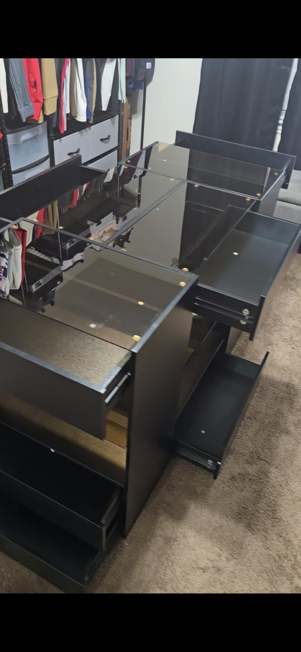 Modern Closet Island with 10 Drawers, LED Wardrobe Armoire Island with Glass Top, Luxury Walk-in Closet Island Storage Cabinet with Display Shelf for Cloakroom (White+Amber Glass) customer photo 1