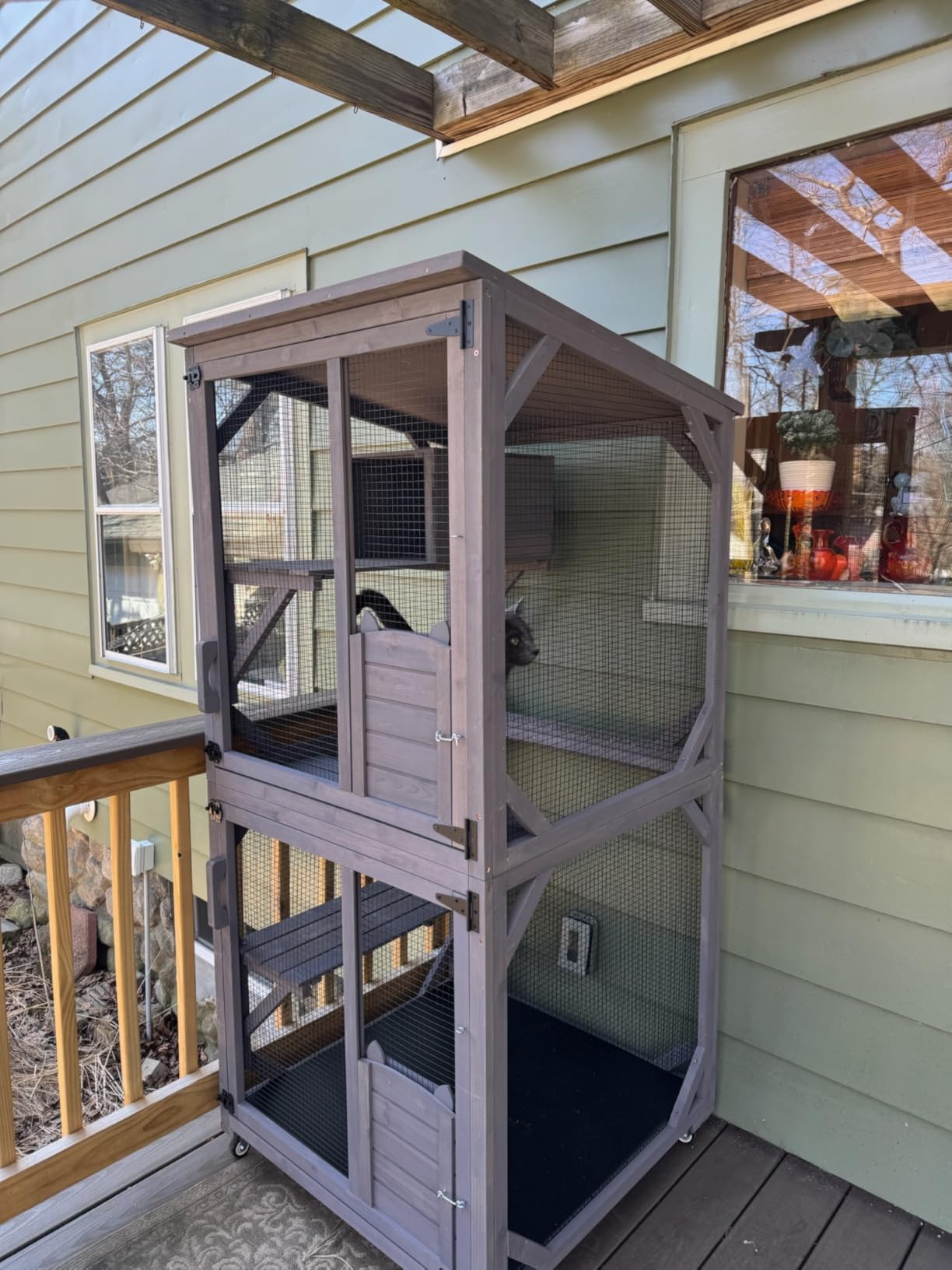Aivituvin Catio Cat Enclosure Large Window Cat House for Outdoor Cats, Walk-in Kitty Cage with Tarp Roof, 7 Platforms, 2 Resting Boxes, Indestructible Feral Cat Shelter for Backyard - Grey customer photo 1
