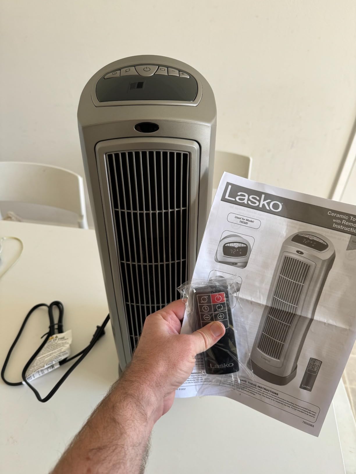Lasko Oscillating Digital Ceramic Tower Heater for Home with Adjustable Thermostat, Timer and Remote Control, 23 Inches, 1500W, Silver, 755320 customer photo 1