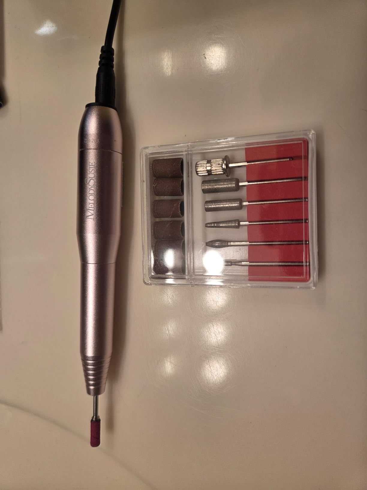 MelodySusie Pen-Shaped Portable Nail Drill with AC Adapter, PC120B 20000RPM Electric File with Compact Design for All Nail Care, Manicure Polishing, Shaping & Gel Removal at Home for Beginners customer photo 1