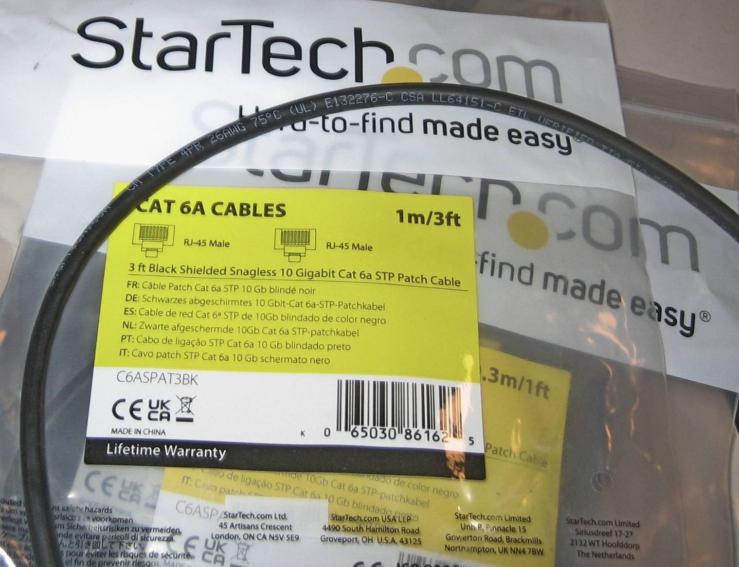StarTech 6ft CAT6a Ethernet Cable - 10 Gigabit Shielded Snagless RJ45 100W PoE Patch Cord - 10GbE STP Network Cable with Strain Relief - Black - UL, TIA (C6ASPAT6BK) customer photo 2