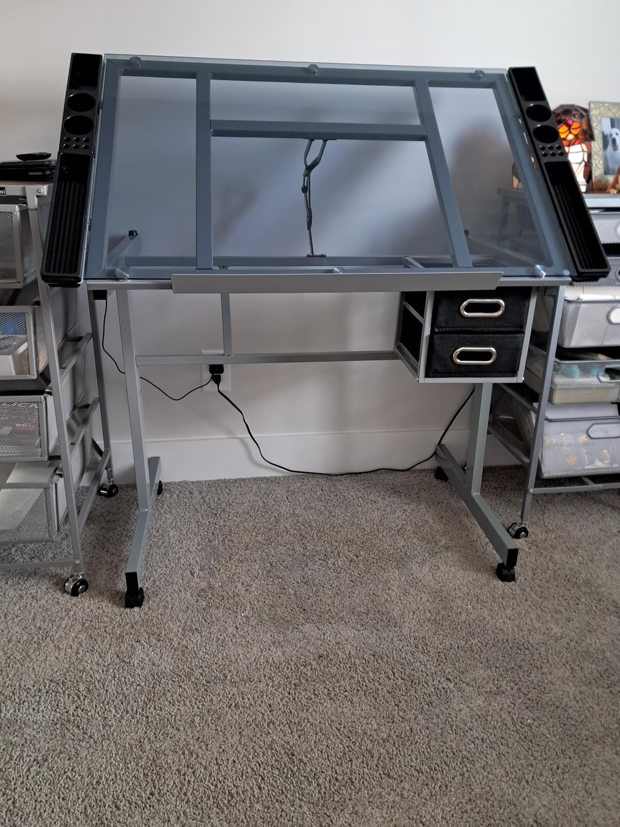 Yaheetech Drawing Desk Adjustable Glass Drafting Study Table for Diamond/Versatile Art Craft Station w/ 2 Slide Rolling Wheels and Drawers for Artist Painters Home Office customer photo 1