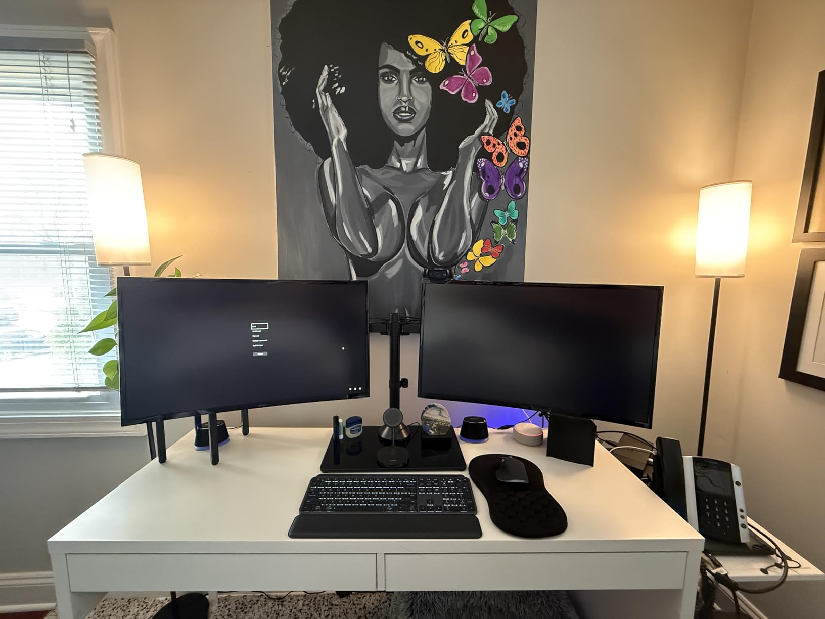 VIVO Freestanding Dual Monitor Stand with Sleek Glass Base and Adjustable Arms, Mounts 2 Screens up to 32 inch and 22 lbs Each, Black, STAND-V002FG customer photo 1