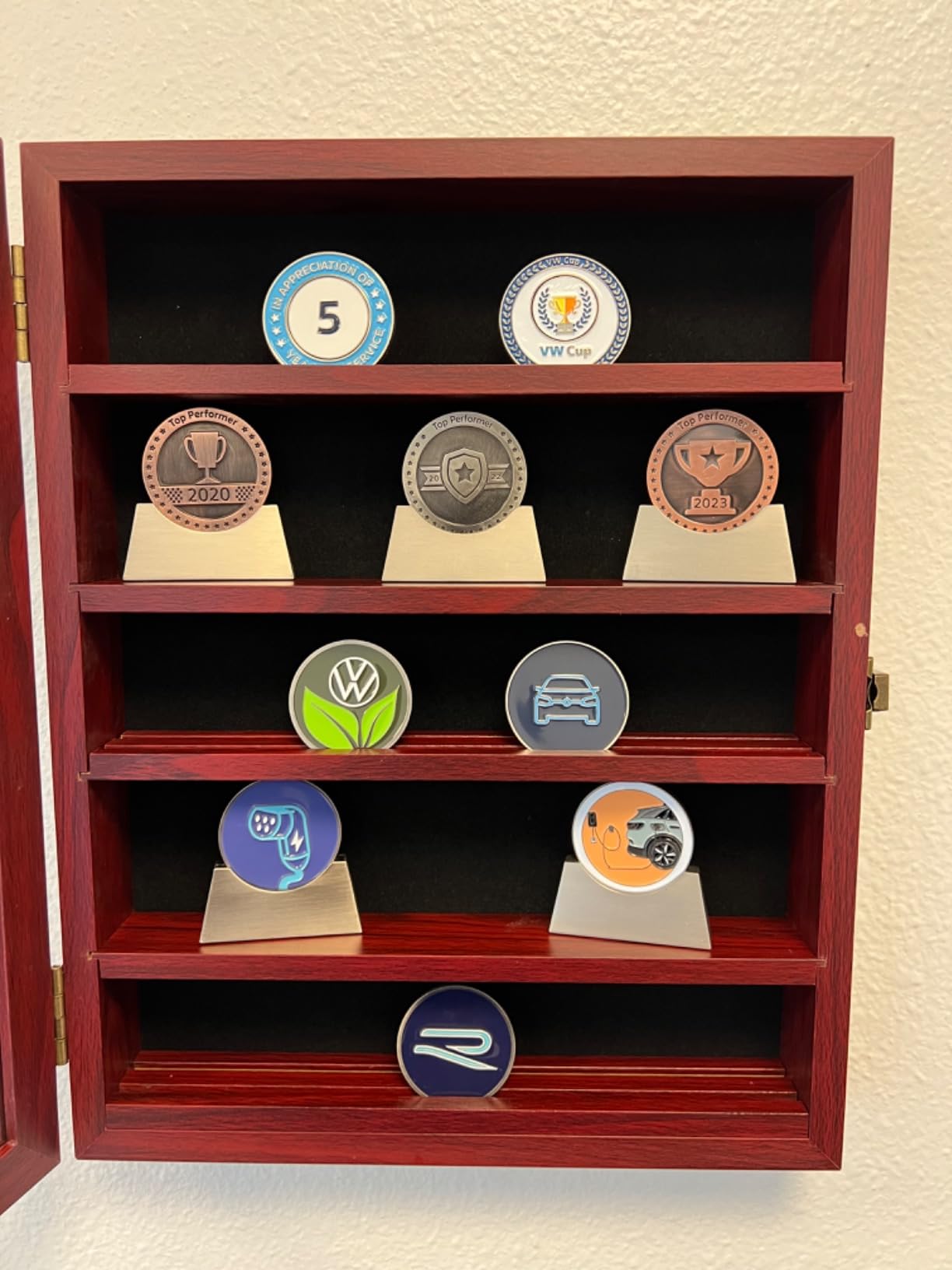 Military Challenge Coin Display Case Holder with HD Toughened Glass and Wall Mount, Wooden Coin Stand Rack with Removable 2 Grooves Shelves, Mahogany Finish customer photo 2