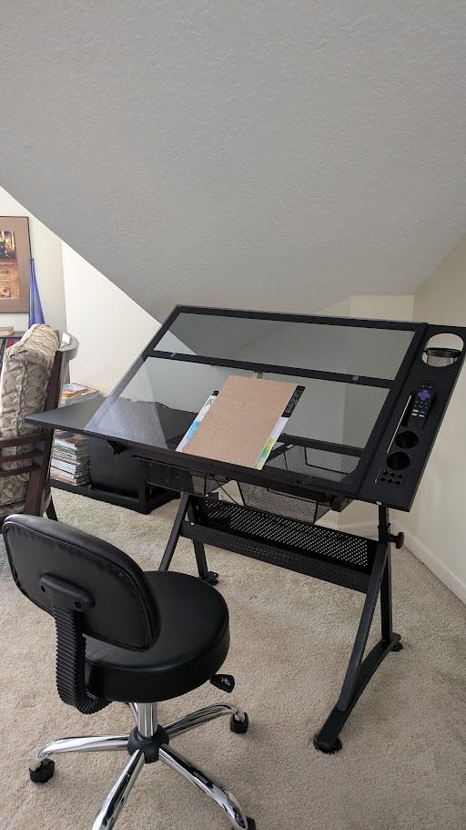 Yaheetech Drafting Table w/Stool Height Adjustable Multifunctional Art Craft Artists Desk Tilting Glass Tabletop Diamond Paintings Work Station w/2 Storage Drawers for Home Office customer photo 1