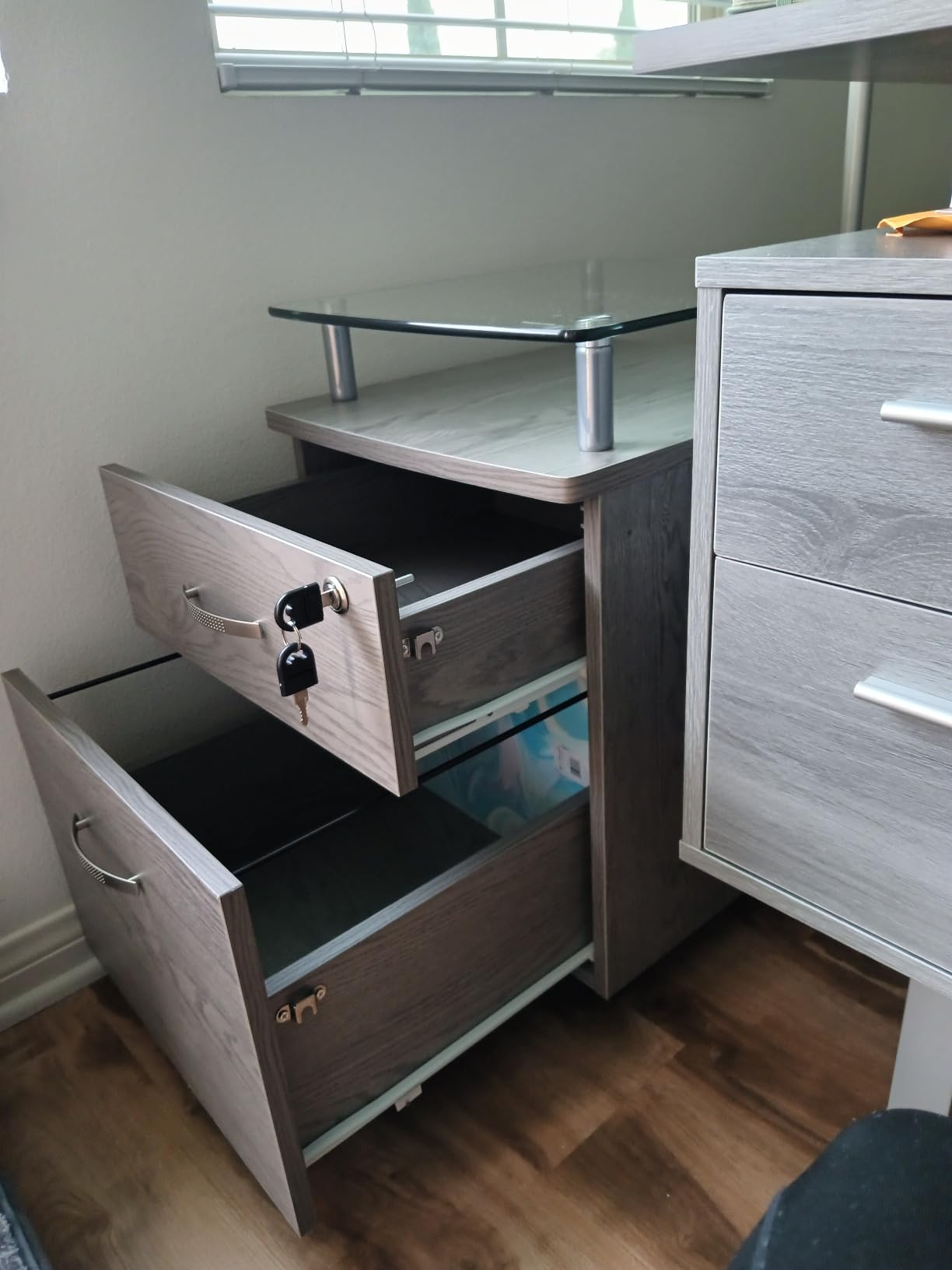 2-Drawer Rolling File Cabinet with Lock and Glass Top, Under Desk File Cabinet with Wheels, Printer Stand, Grey customer photo 2