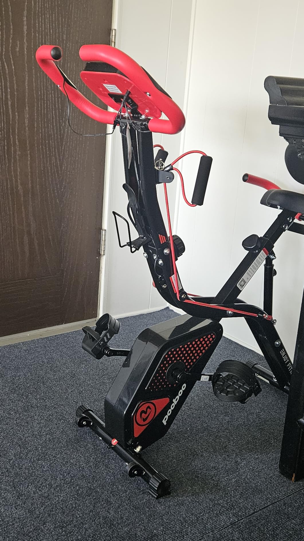 pooboo Folding Exercise Bike, Foldable Upright Stationary Bike, Indoor Cycling Magnetic X-Bike with 8-Level Adjustable Resistance, 6.6 LBS Flywheel, 300LB Capacity, Back Support Cushion for Home Gym customer photo 1