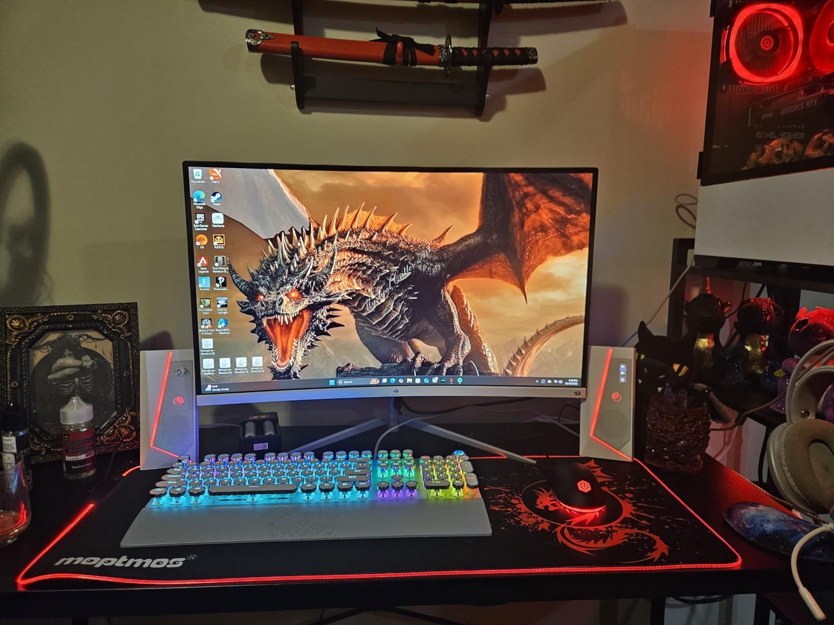 RGB Gaming Mouse Pad Anime Dragon Mousepad Mat LED with 15 Lighting Modes for Computer 31.5 X 12 Inch (Red) customer photo 1
