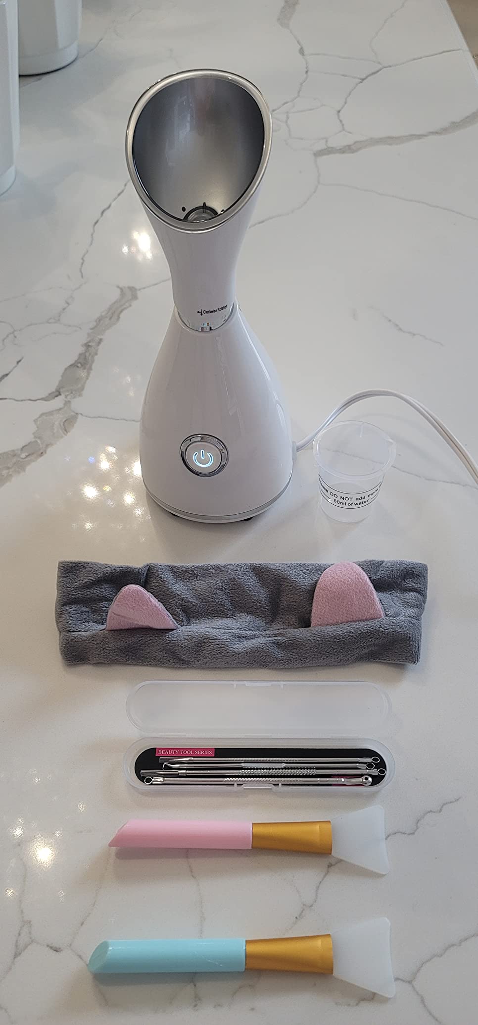 Facial Steamer for Facial Deep Cleaning, Moisturize, Unclog Pores, Face Spa, Nano Ionic Humidifier, Home Facial Warm Mist Face Steamer with Blackhead Removal Kit, Brush, Hair Band customer photo 1