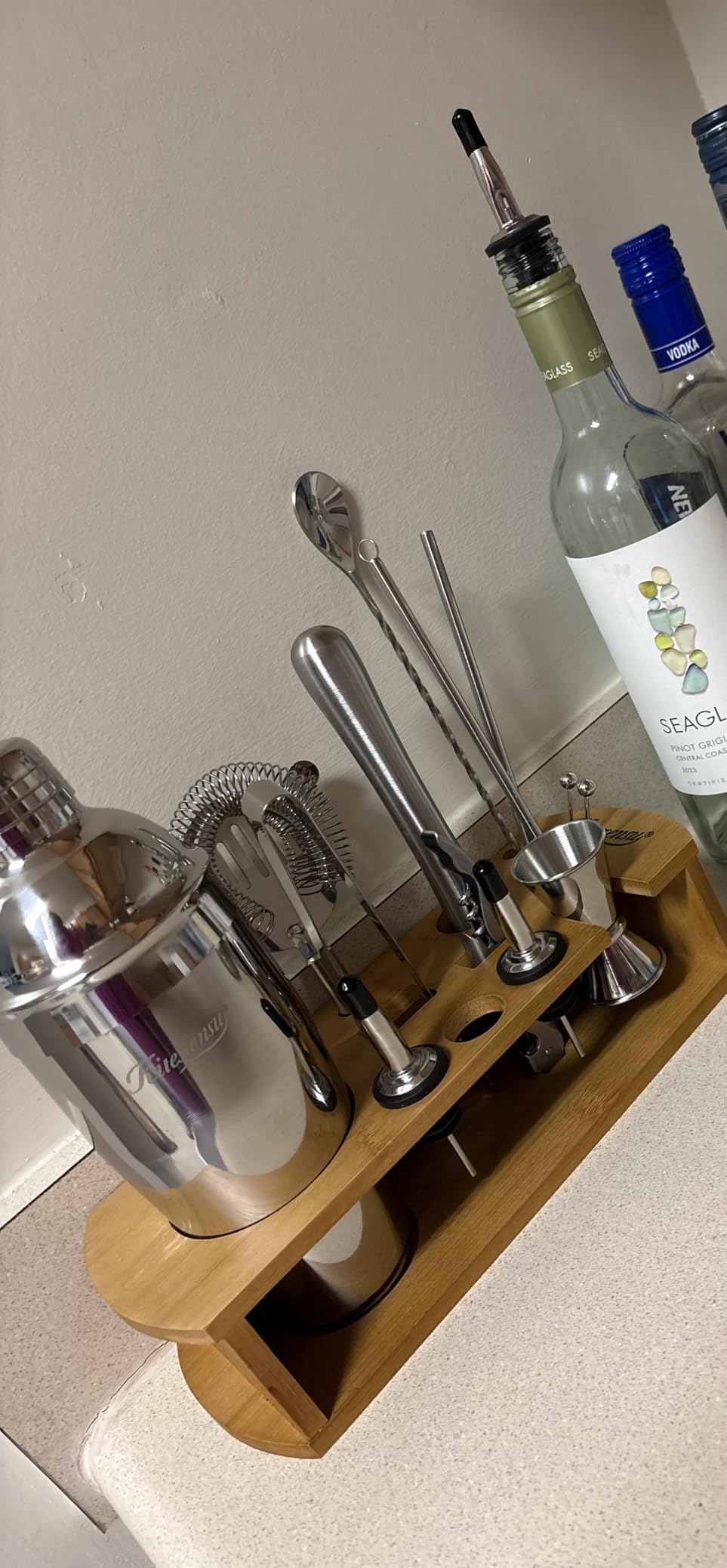 KITESSENSU Cocktail Shaker Set Bartender Kit with Stand | Bar Set Drink Mixer Set with All Essential Accessory Tools: Martini Shaker, Jigger, Strainer, Mixer Spoon, Muddler, Liquor Pourers |Silver customer photo 1