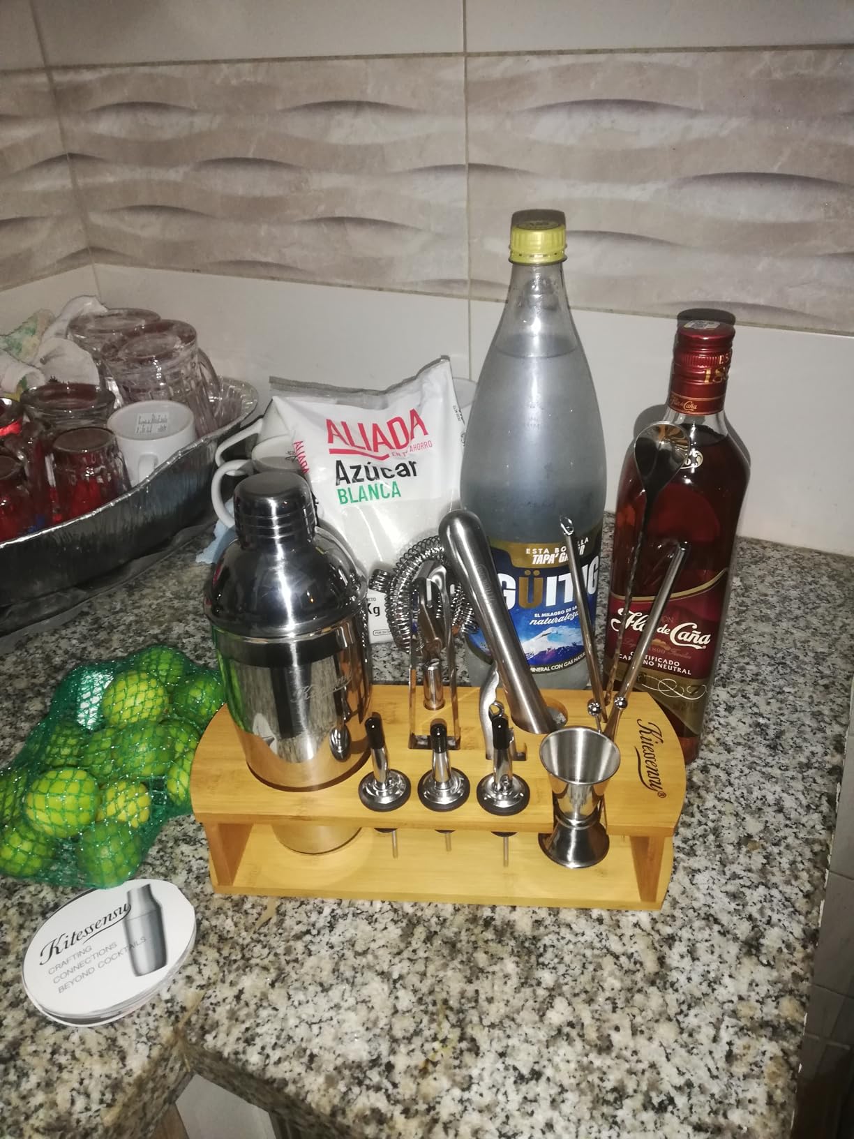 KITESSENSU Cocktail Shaker Set Bartender Kit with Stand | Bar Set Drink Mixer Set with All Essential Accessory Tools: Martini Shaker, Jigger, Strainer, Mixer Spoon, Muddler, Liquor Pourers |Silver customer photo 2