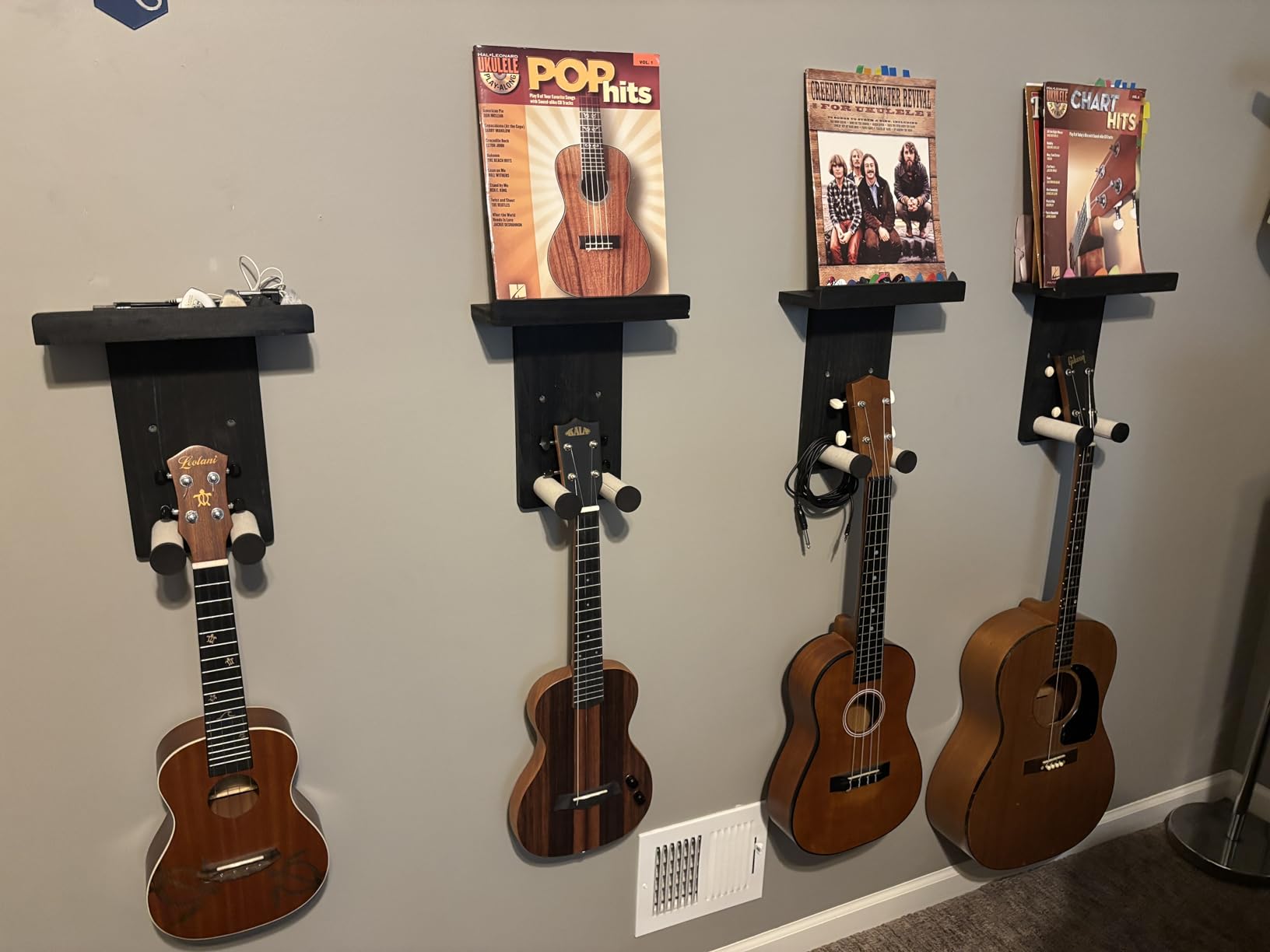 Keebofly 2-Pack Guitar Wall Mount Hanger with Shelf & Pick Holder - Wood Wall Hook for Acoustic, Electric, Bass Guitars, Ukulele (Screw-Mounted, Brown) [Patented] customer photo 2