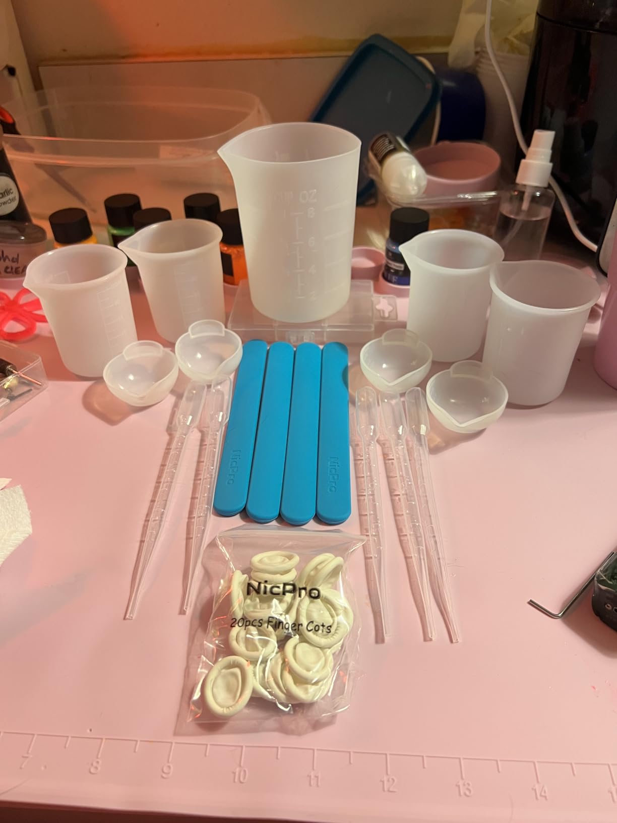 Silicone Resin Measuring Cups Tool Kit- Nicpro 250 & 100 ml Measure Cups, Silicone Popsicle Stir Sticks, Pipettes, Finger Cots for Epoxy Resin Mixing, Molds, Jewelry Making, Waxing, Easy Clean customer photo 1
