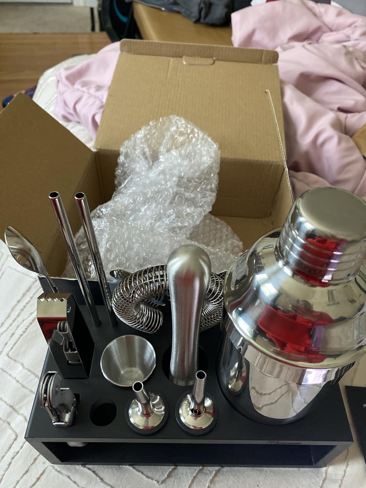 Mixology Bartender Kit with Stand - 15 Piece Bar Tool Set, Silver Bar Set Cocktail Shaker Set for Drink Mixing - Includes Martini Shaker, Jigger, Strainer, Bar Mixer Spoon, Tongs, Opener | Gift Idea customer photo 1