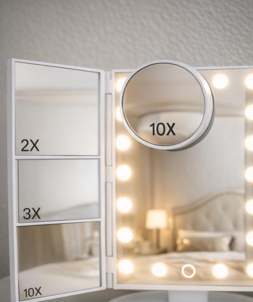 HUONUL Makeup Mirror, Vanity Mirror with Lights, 2X/3X/10X Magnification, Touch Control, Trifold, Dual Power Supply, Mothers Day, Birthday Gifts for Mom, Women, Girls customer photo 1
