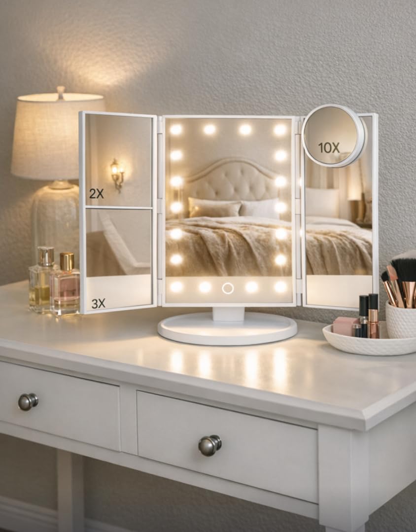 HUONUL Makeup Mirror, Vanity Mirror with Lights, 2X/3X/10X Magnification, Touch Control, Trifold, Dual Power Supply, Mothers Day, Birthday Gifts for Mom, Women, Girls customer photo 2