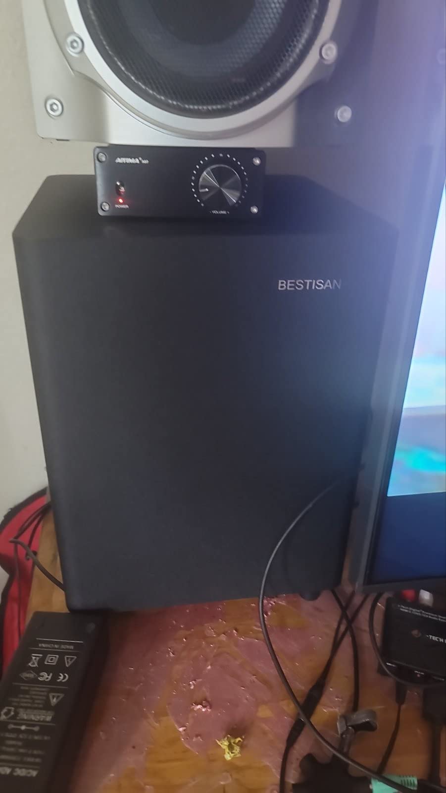 BESTISAN Powered Subwoofer, Deep Bass Sub, Down Firing Subs, Easy Setup with Home Theater System, Receiver, Speakers, Coaxial Cable Included, RCA, LFE, AUX Input, High-Level Speaker Input & Output customer photo 1