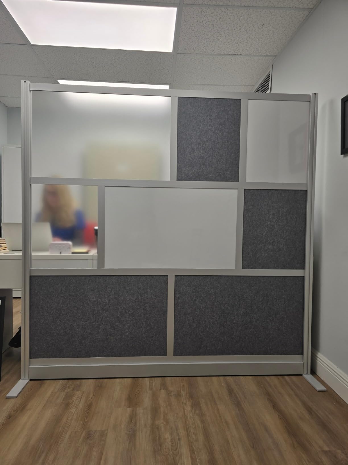 Room Divider for Office Privacy - Modular Freestanding Partition with Whiteboard, PET Acoustic Panel, and Frosted Acrylic, Workflow Multi-Functional Wall, Gray Frame, Easy Assembly (70