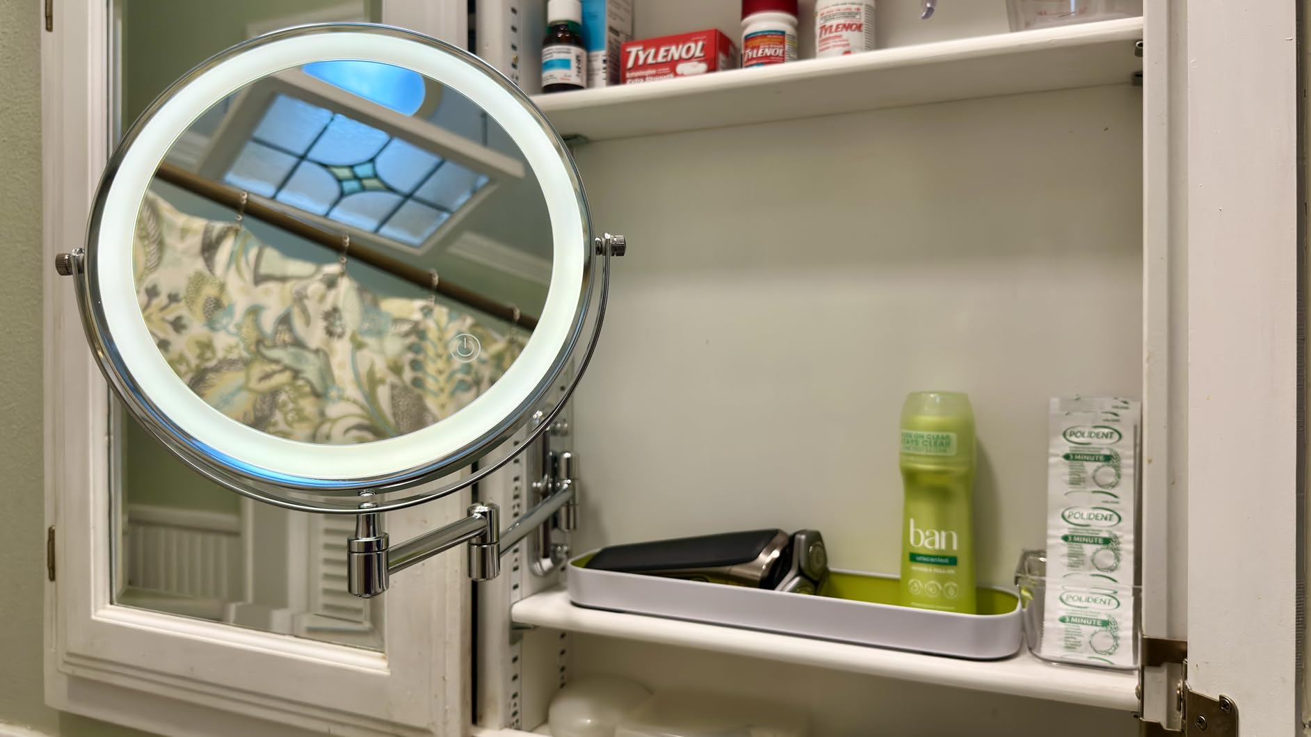 Rocollos Rechargeable Wall Mounted Lighted Makeup Mirror Chrome, 8 Inch Double-Sided LED Vanity Mirror 1X/10X Magnification,3 Color Lights Touch Screen Dimmable 360°Swivel 13 Inch Extendable customer photo 1